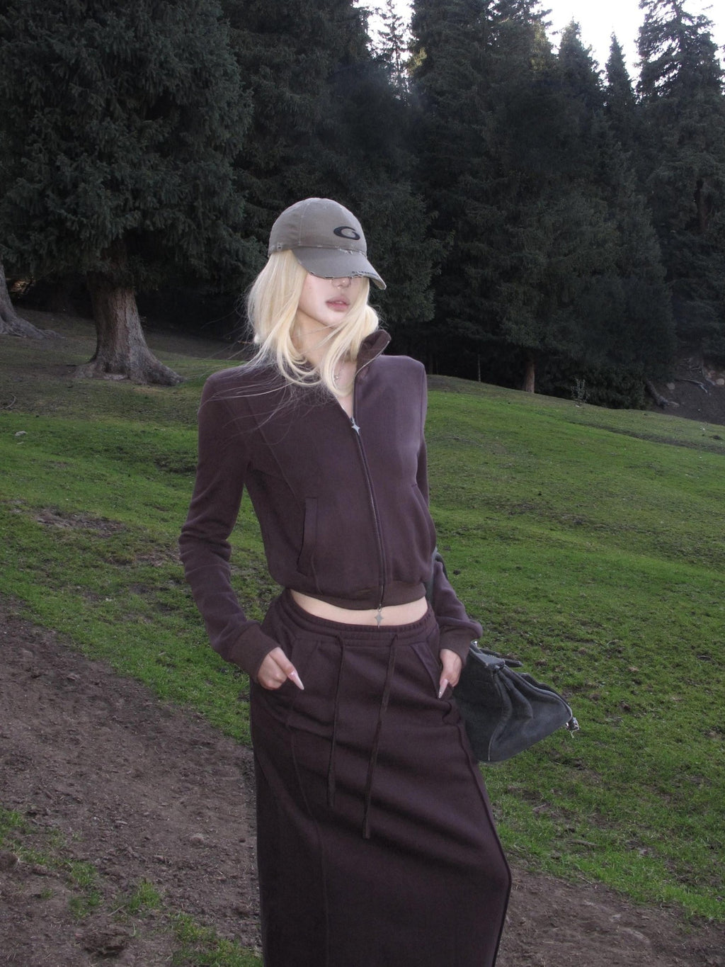 Rase le sol Dark Purple Zip Up Sweatshirt Jacket Women's Midi Skirt Matching Skirt Sets