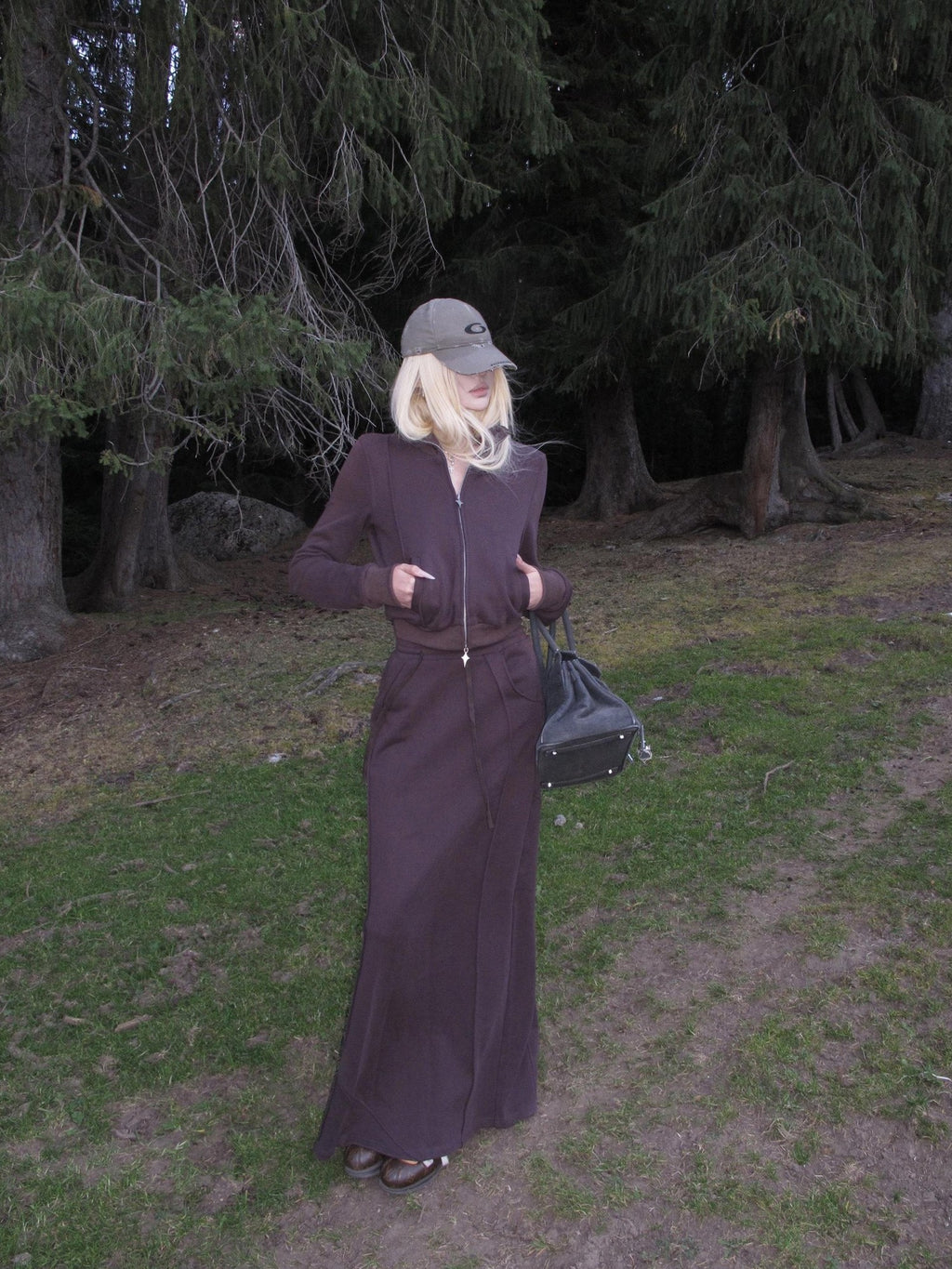 Rase le sol Dark Purple Zip Up Sweatshirt Jacket Women's Midi Skirt Matching Skirt Sets