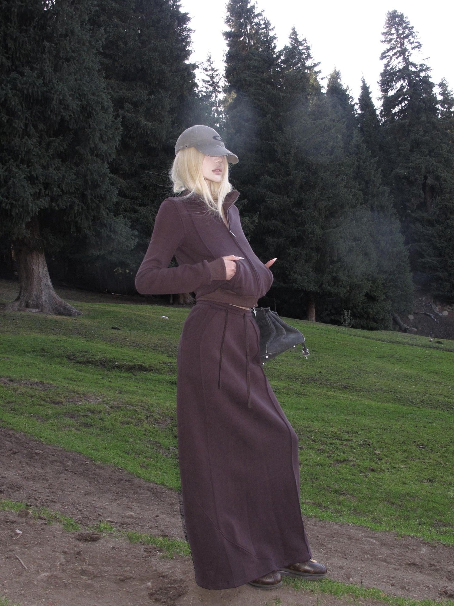 Rase le sol Dark Purple Zip Up Sweatshirt Jacket Women's Midi Skirt Matching Skirt Sets