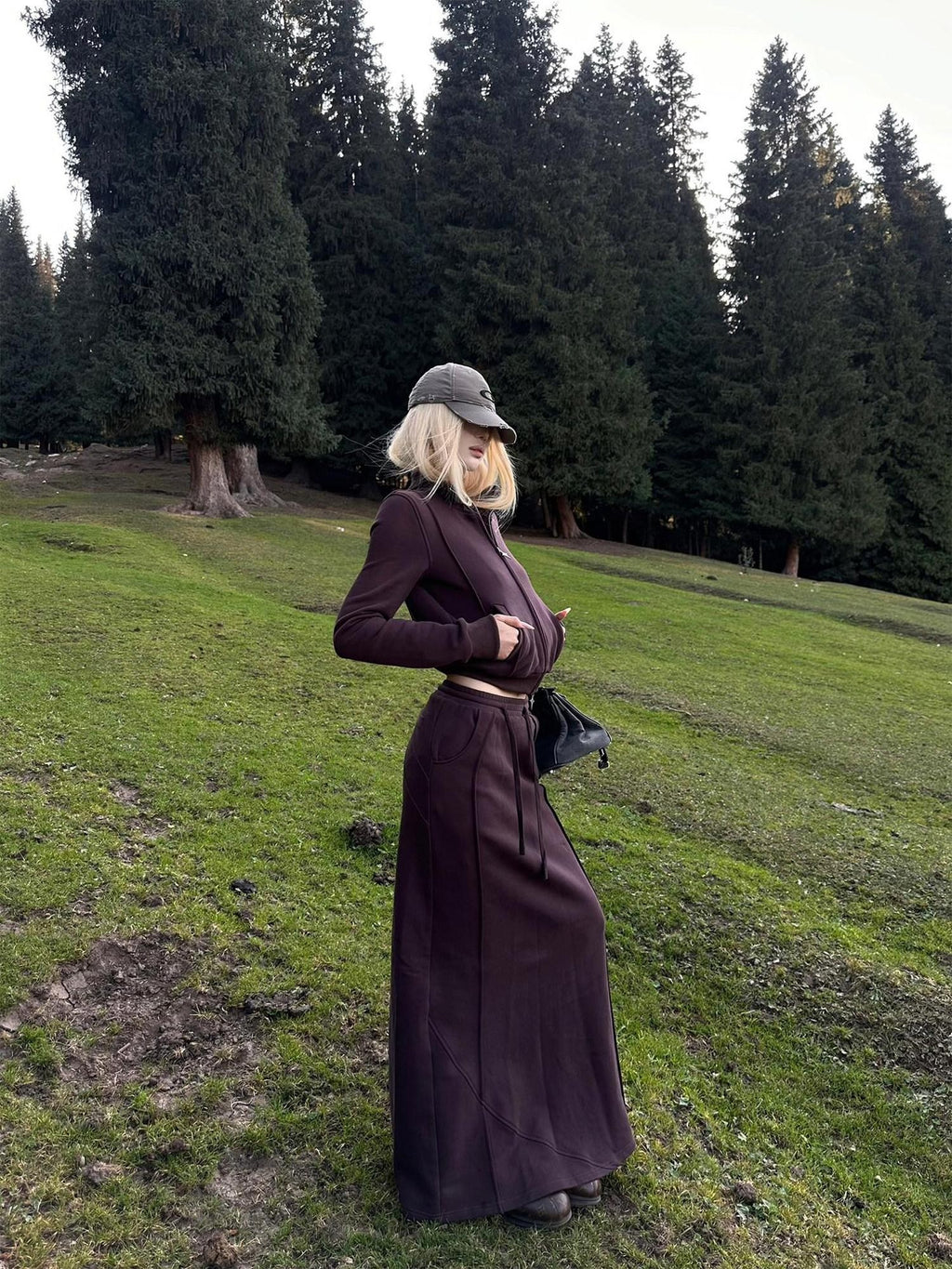 Rase le sol Dark Purple Zip Up Sweatshirt Jacket Women's Midi Skirt Matching Skirt Sets