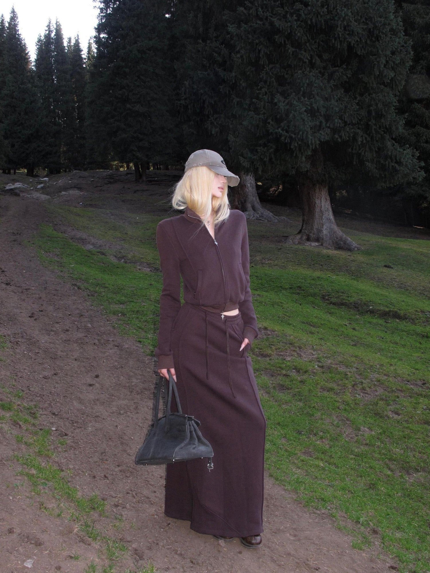 Rase le sol Dark Purple Zip Up Sweatshirt Jacket Women's Midi Skirt Matching Skirt Sets