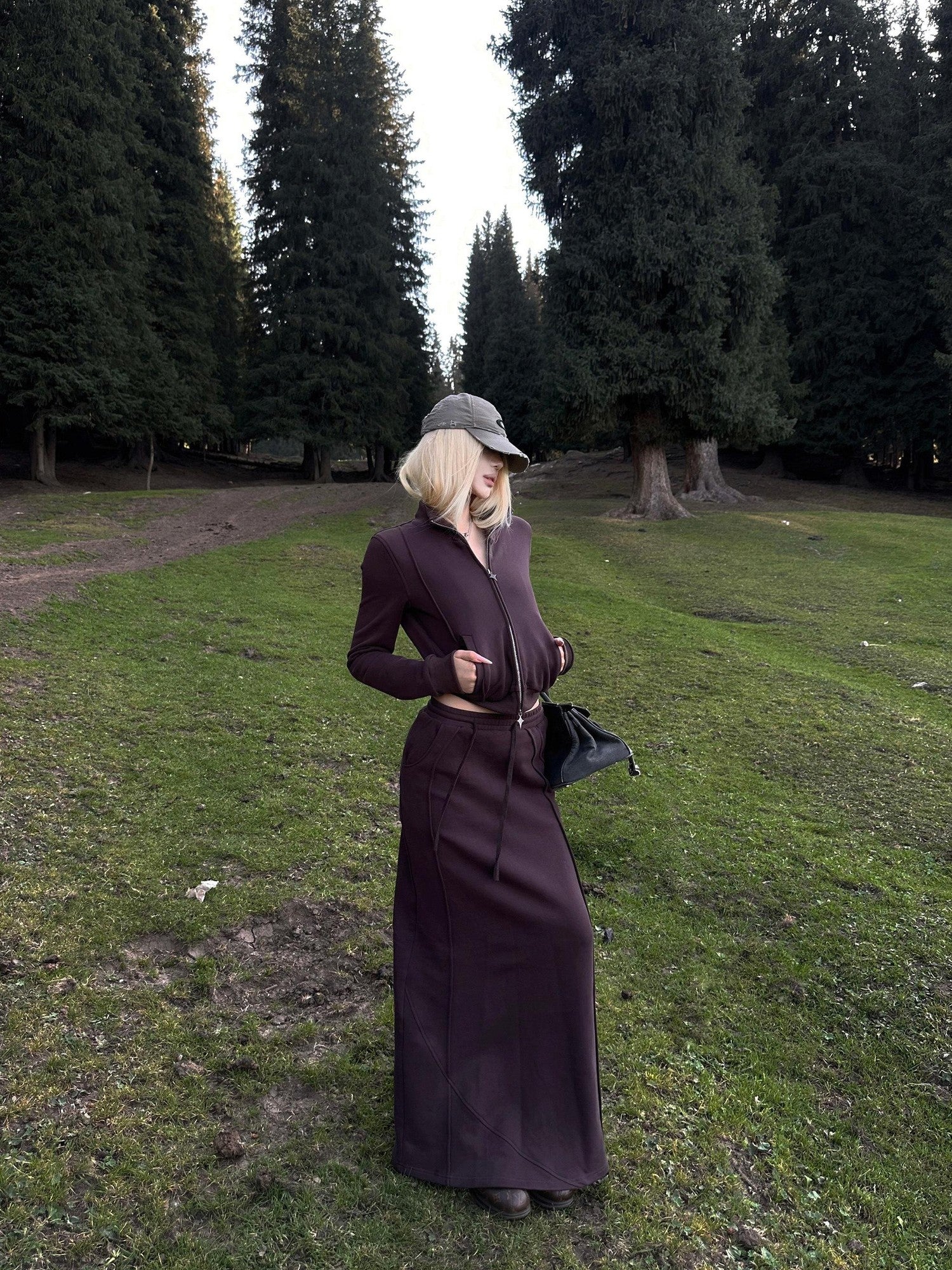 Rase le sol Dark Purple Zip Up Sweatshirt Jacket Women's Midi Skirt Matching Skirt Sets