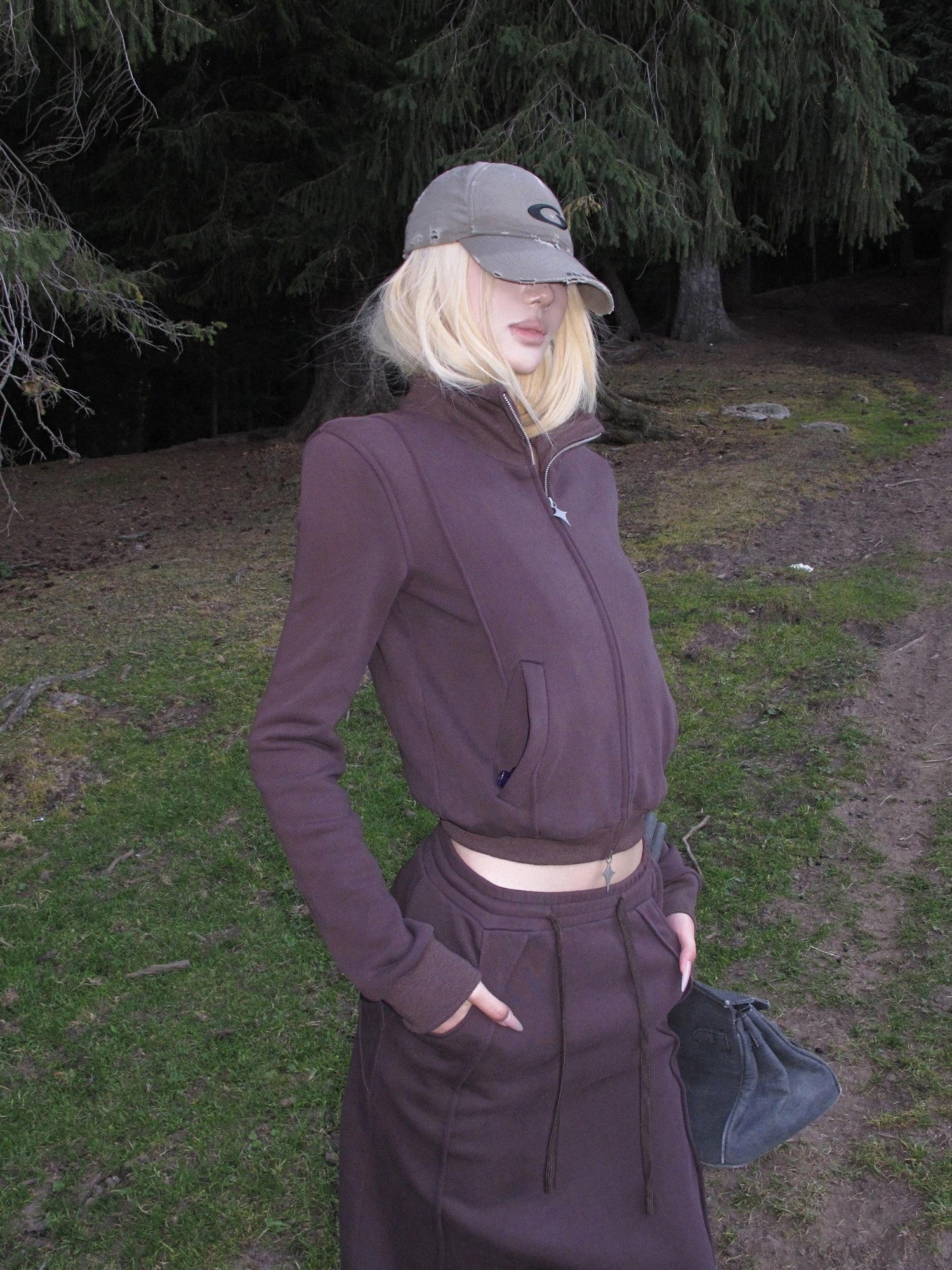 Rase le sol Dark Purple Zip Up Sweatshirt Jacket Women's Midi Skirt Matching Skirt Sets