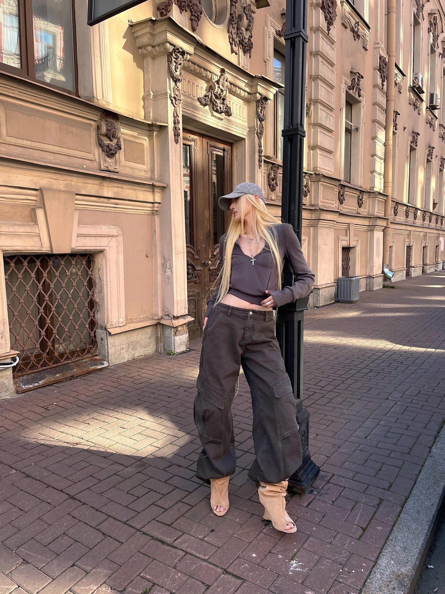 Rase le sol Dark Street Subtle Curved Slash Utility Women's Washed Denim Wide-leg Jeans