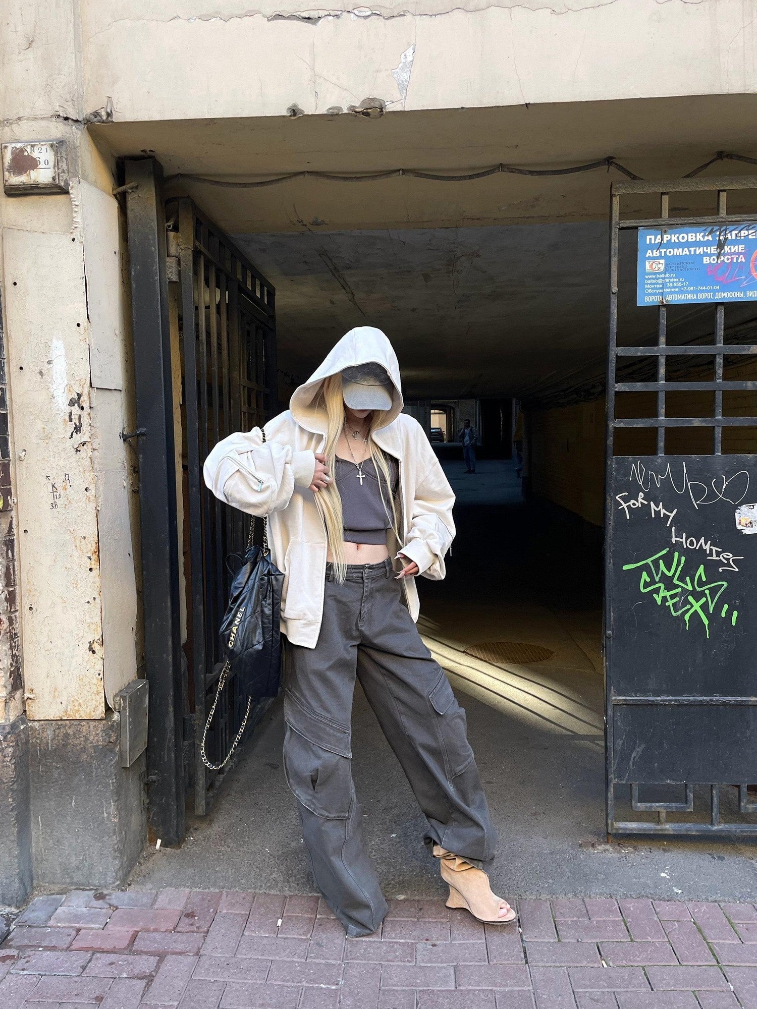 Rase le sol Dark Street Subtle Curved Slash Utility Women's Washed Denim Wide-leg Jeans