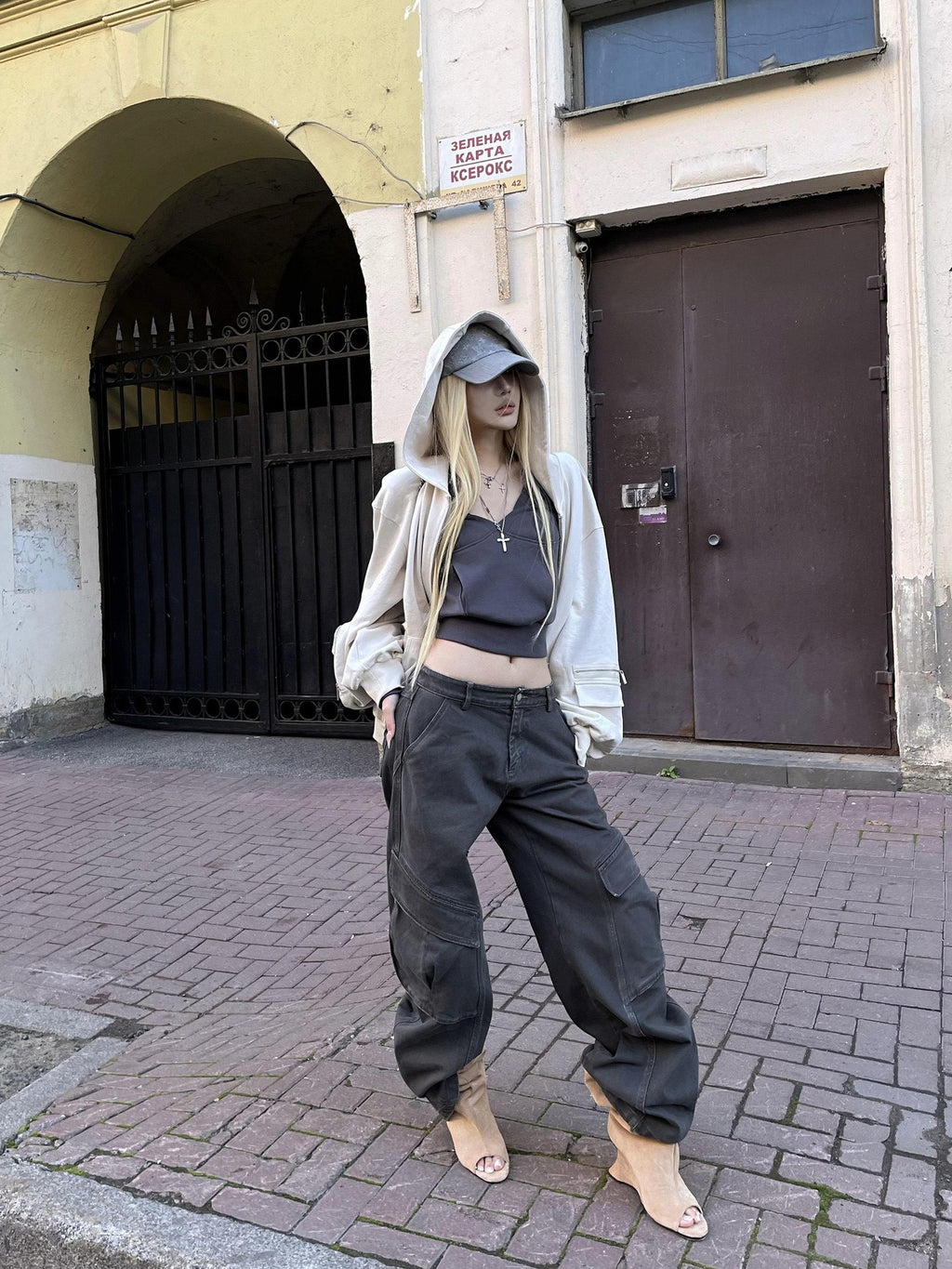Rase le sol Dark Street Subtle Curved Slash Utility Women's Washed Denim Wide-leg Jeans