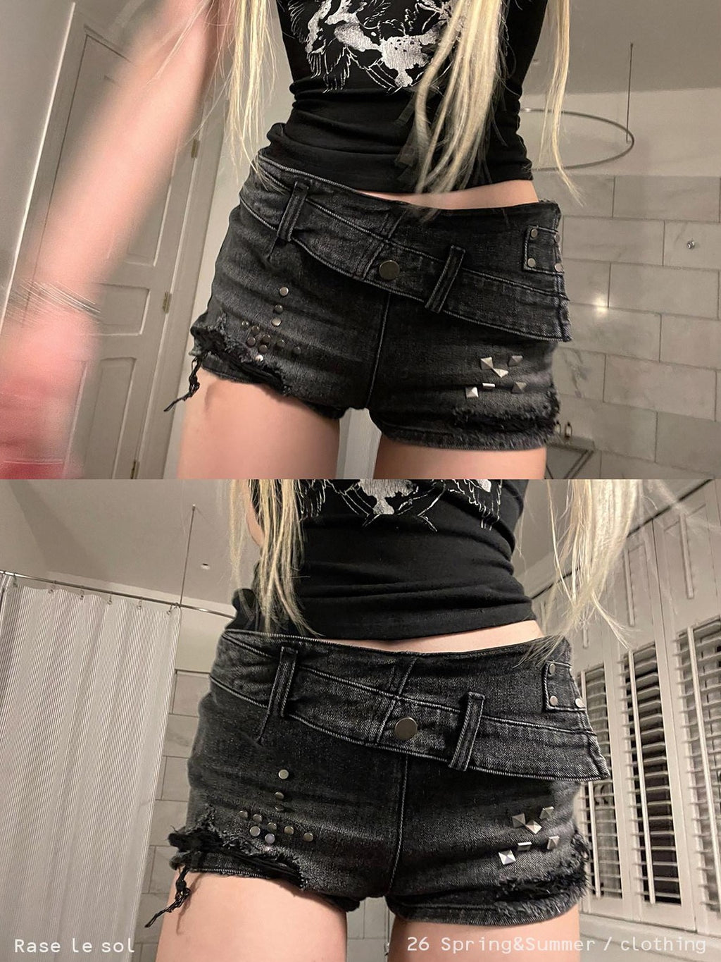 Rase le sol Dark Wash Studded Vintage Low Waist Cuffed Women's Denim Shorts