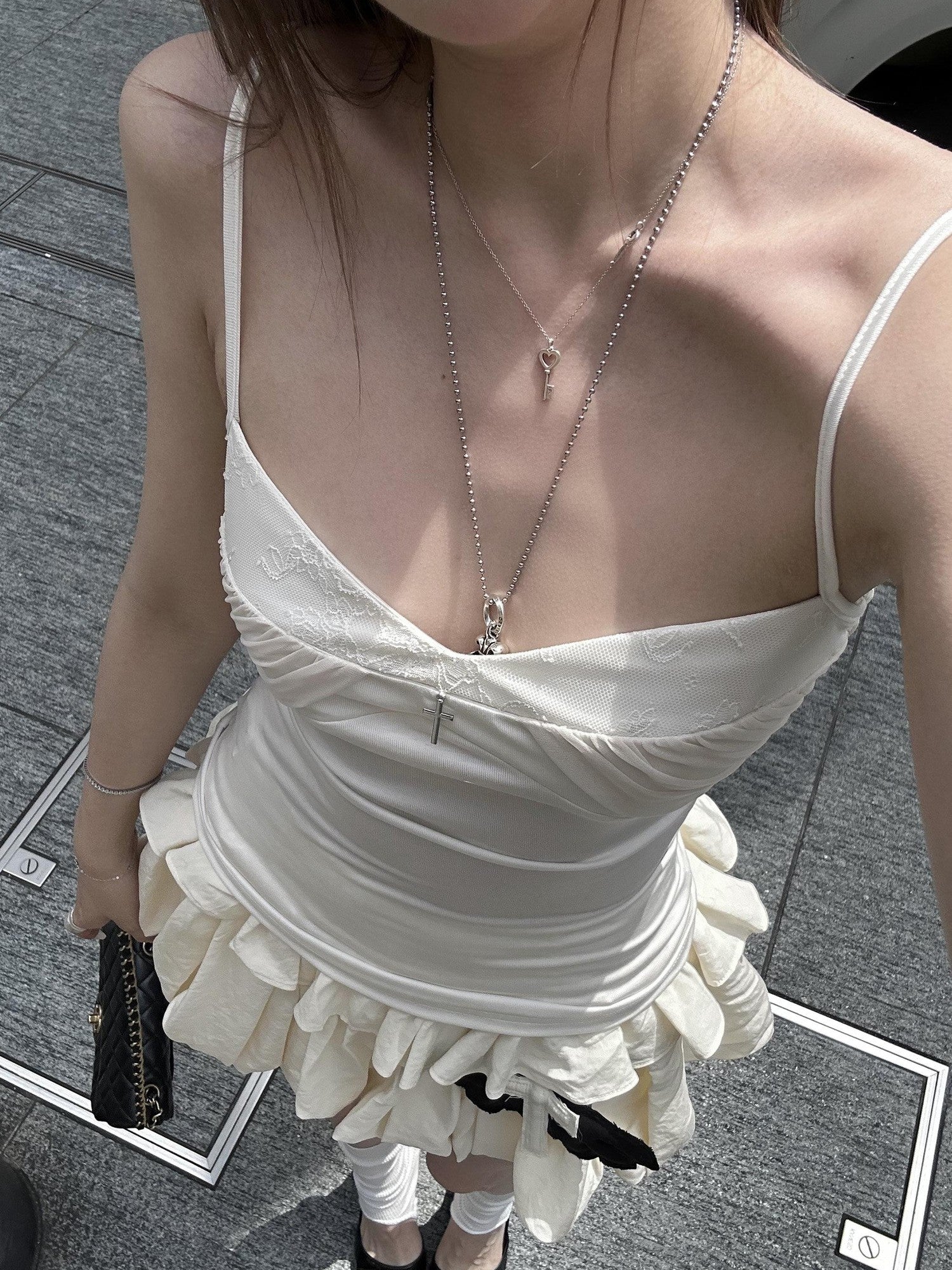 Rase le sol Delicate Lace Paneled Pleated Ruched Waist Women's Camisoles