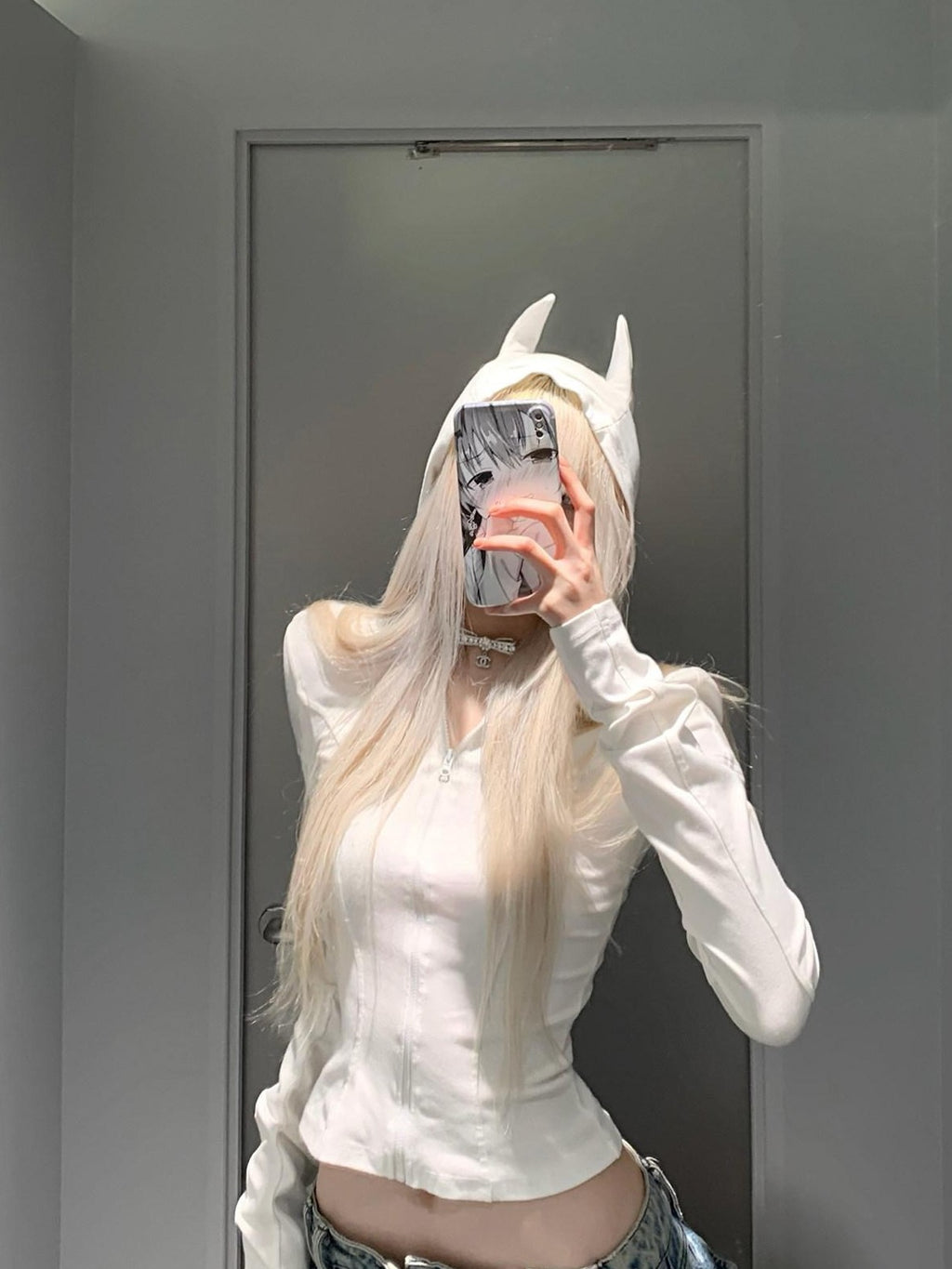 Rase le sol Devil Horn Hood Cropped Slim Waist Long Sleeve Women's Zip-up Hoodies
