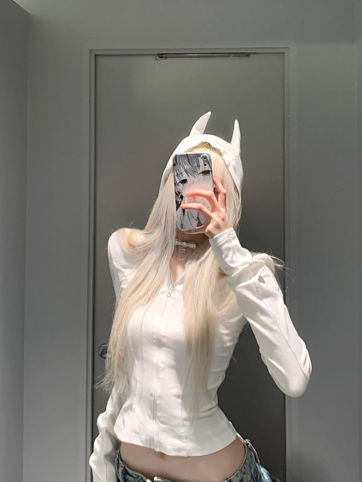 Rase le sol Devil Horn Hood Cropped Slim Waist Long Sleeve Women's Zip-up Hoodies