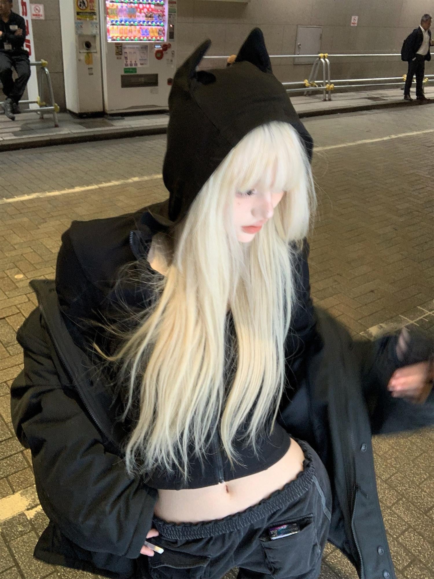 Rase le sol Devil Horn Hood Cropped Slim Waist Long Sleeve Women's Zip-up Hoodies