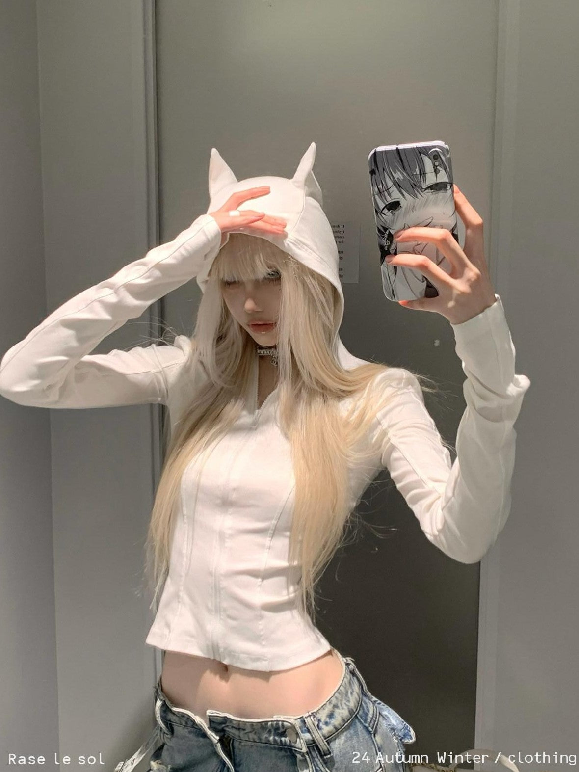 Rase le sol Devil Horn Hood Cropped Slim Waist Long Sleeve Women's Zip-up Hoodies