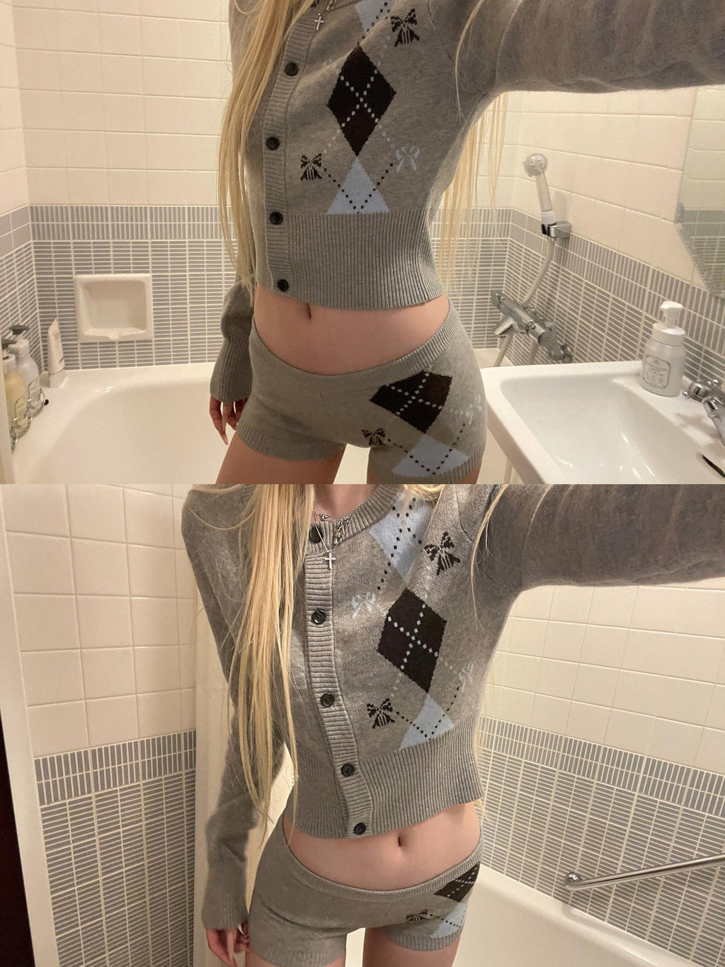 Rase le sol Diamond Cropped Cardigan Women's Knit Casual Top & Shorts Sets