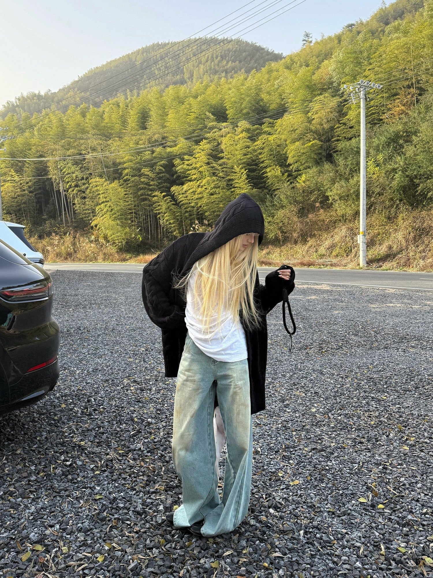 Rase le sol Dirty Dyed Vintage Mustard Wash Relaxed Straight Women's Denim Wide-leg Jeans
