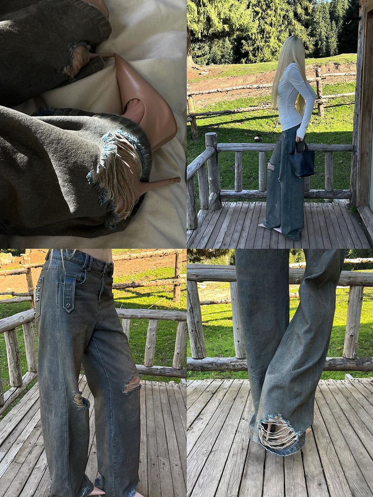 Rase le sol Distressed Low Rise Loose Straight Fit Cotton Women's Distressed Jeans