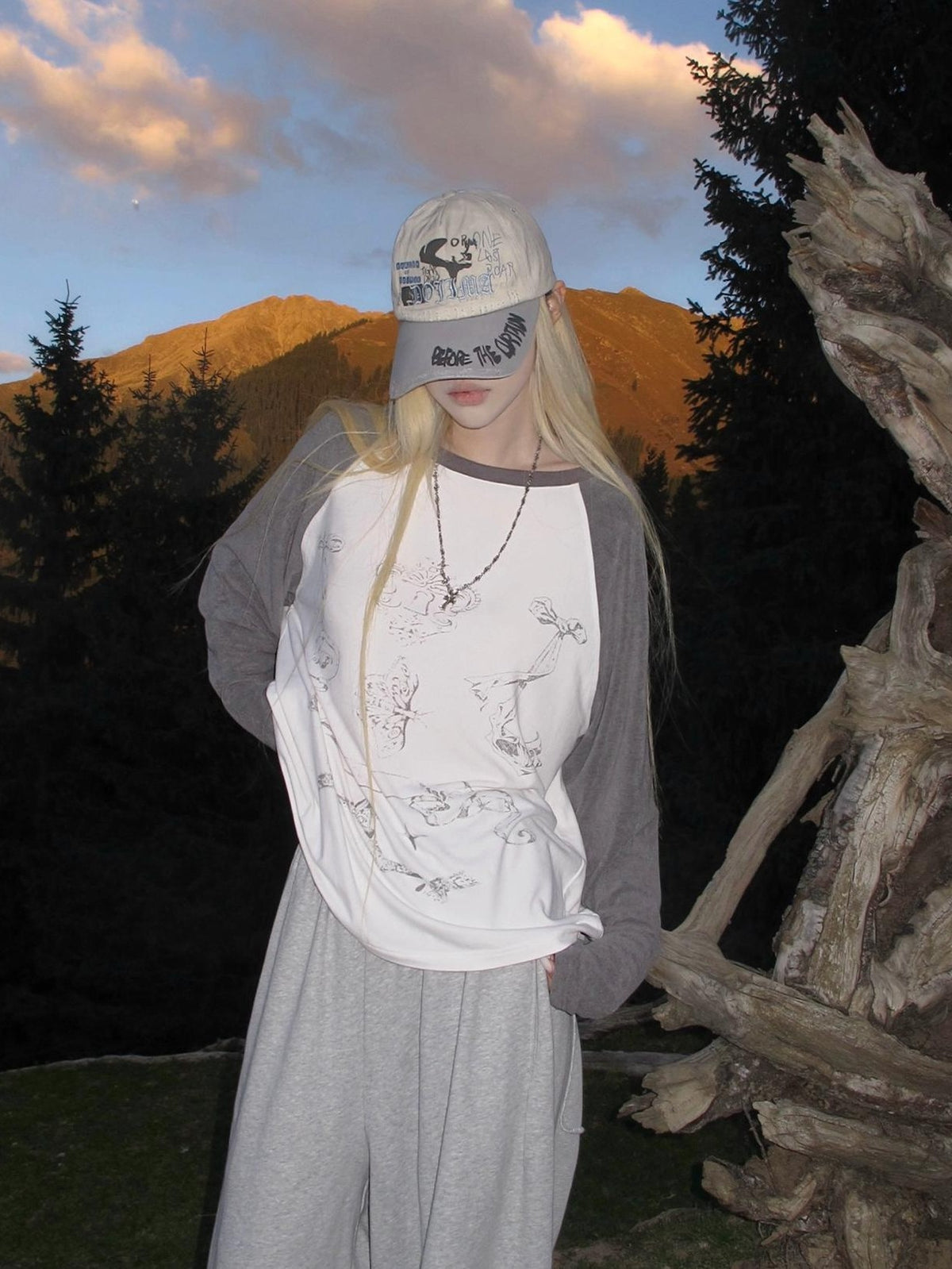 Rase le sol Doodle Lines Print Raglan Sleeve Women's Viscose Long Sleeve T-shirts