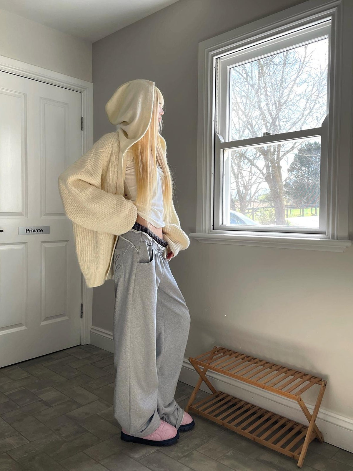 Rase le sol Double Waistband Raw Hem Straight Leg Cotton Women's Sweatpants