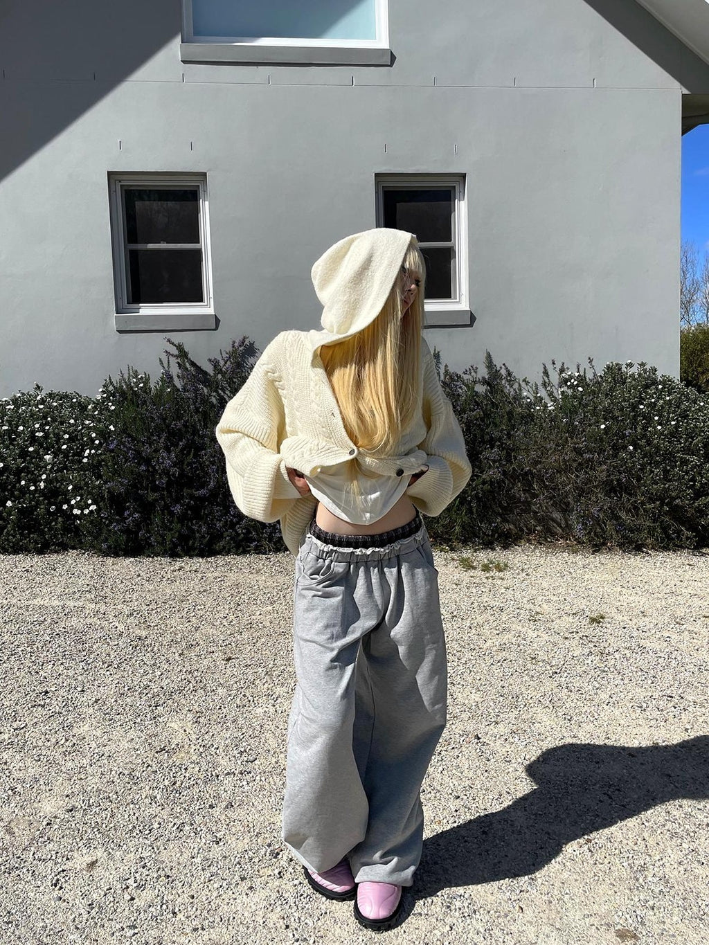 Rase le sol Double Waistband Raw Hem Straight Leg Cotton Women's Sweatpants