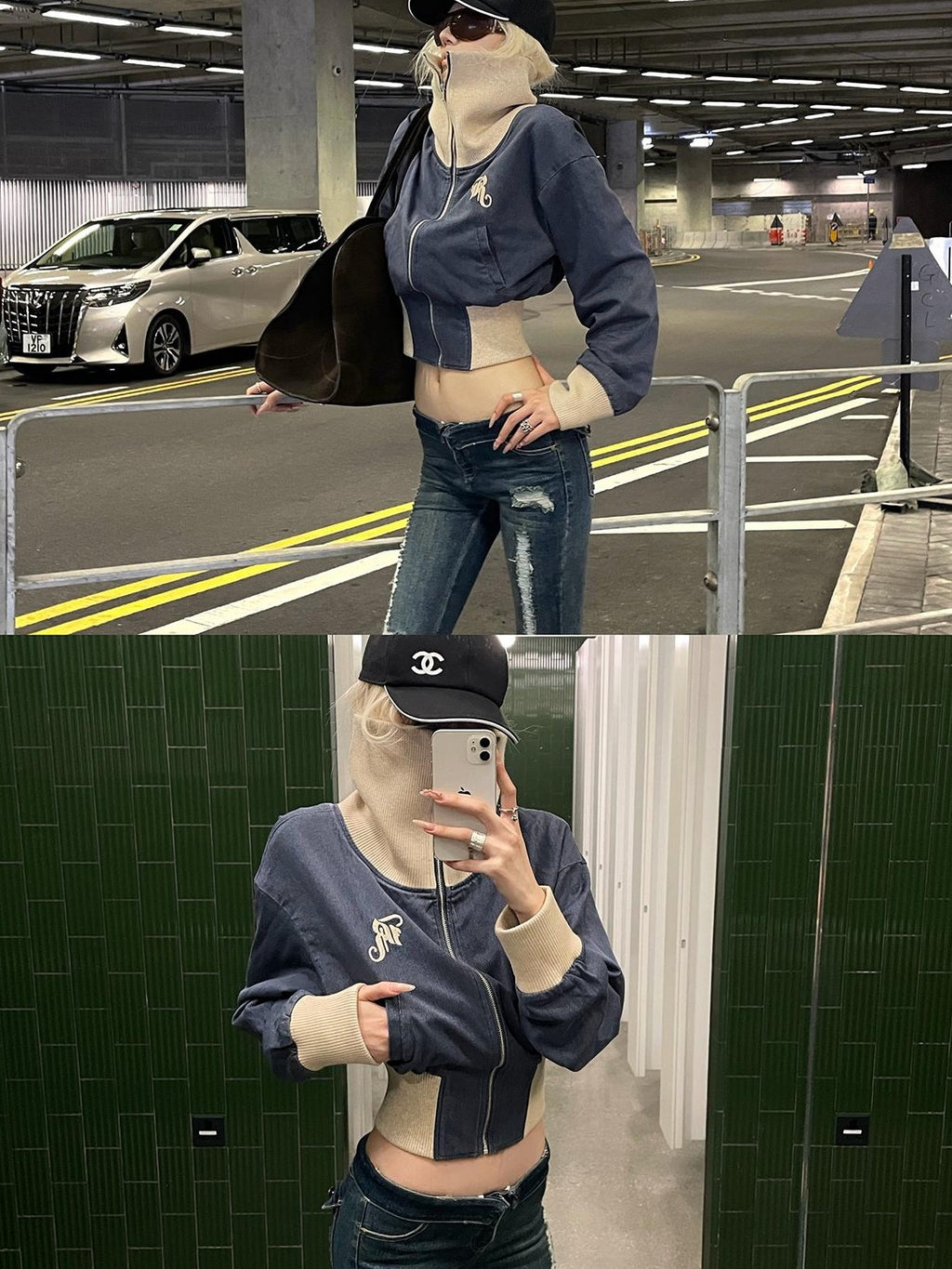 Rase le sol Embroidered Knit Panel Slim Fit Women's Cotton Cropped Jackets