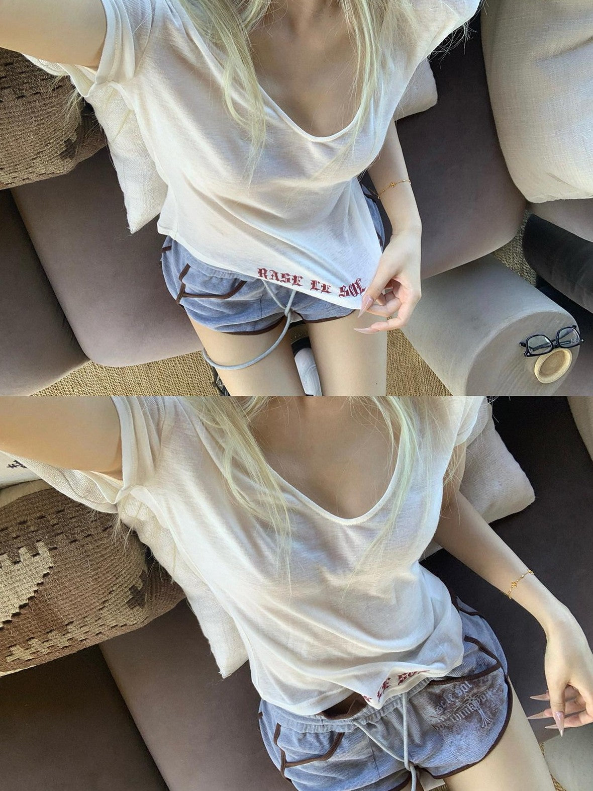 Rase le sol Eternal Cross Print V-neck Sheer Women's Tencel Short Sleeve T-shirts
