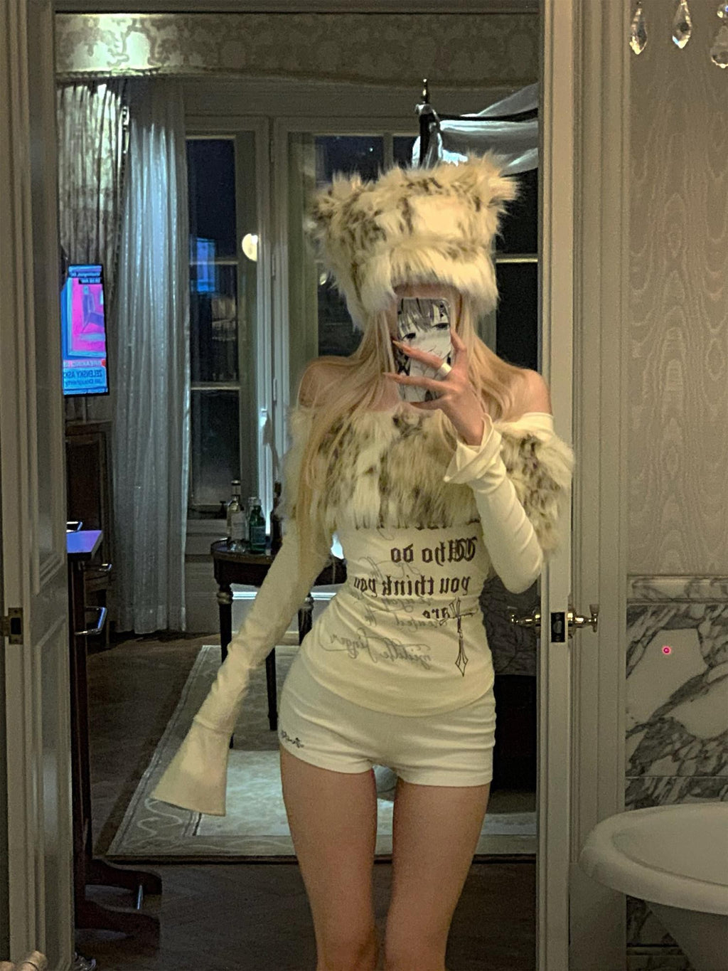 Rase le sol Faux Fur Collar Off Shoulder Slim Waist Cinched Women's Long Sleeve T-shirts