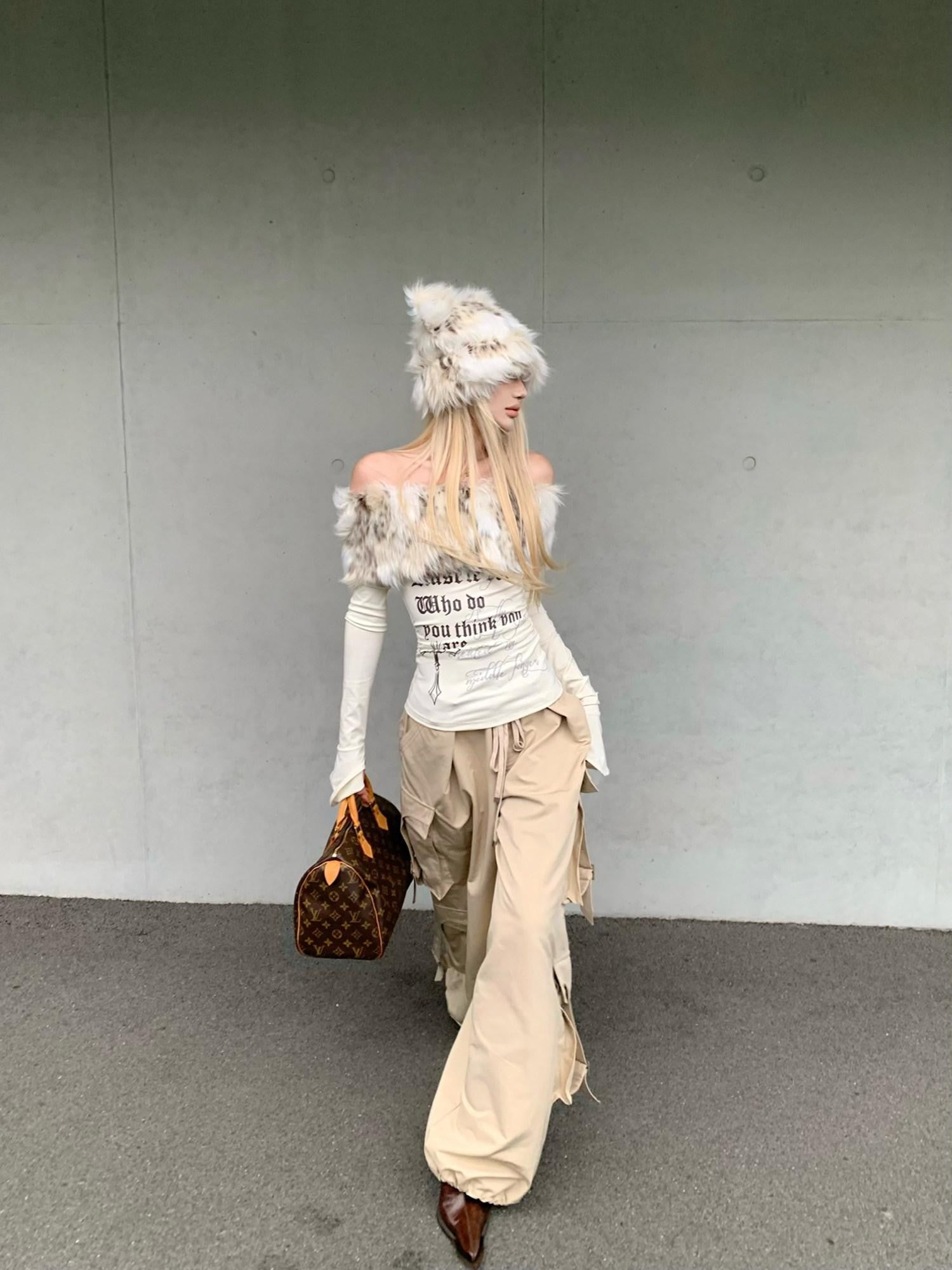Rase le sol Faux Fur Collar Off Shoulder Slim Waist Cinched Women's Long Sleeve T-shirts