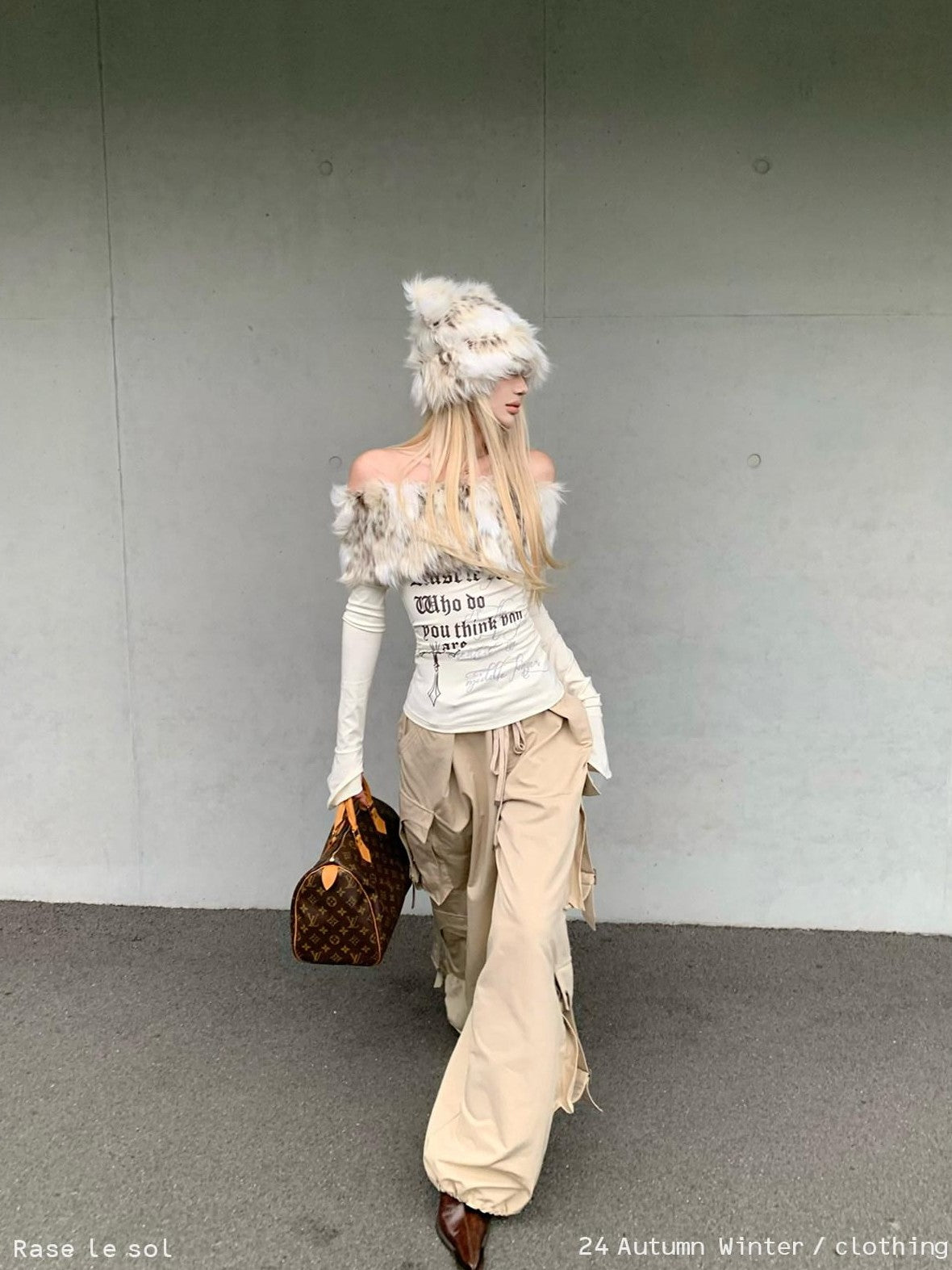 Rase le sol Faux Fur Collar Off Shoulder Slim Waist Cinched Women's Long Sleeve T-shirts