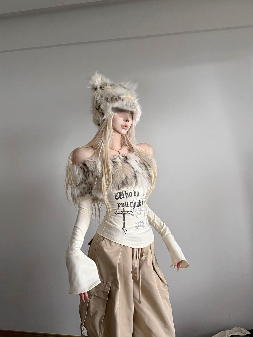 Rase le sol Faux Fur Collar Off Shoulder Slim Waist Cinched Women's Long Sleeve T-shirts