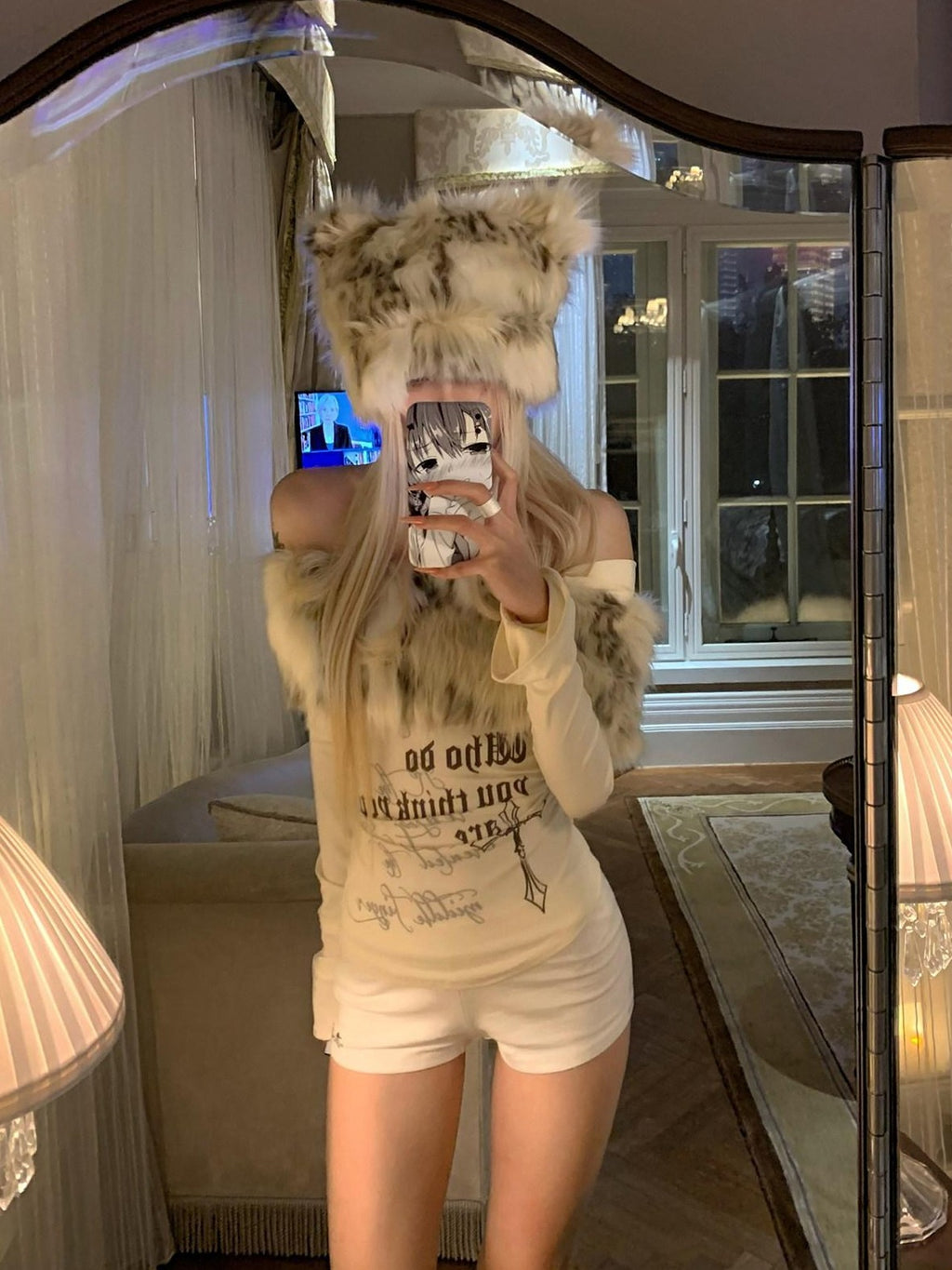 Rase le sol Faux Fur Collar Off Shoulder Slim Waist Cinched Women's Long Sleeve T-shirts