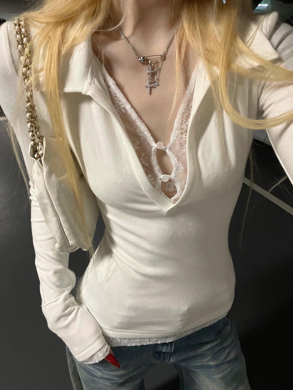 Rase le sol Faux Two Piece Lace Panel Slim Fit Women's Long Sleeve T-shirts