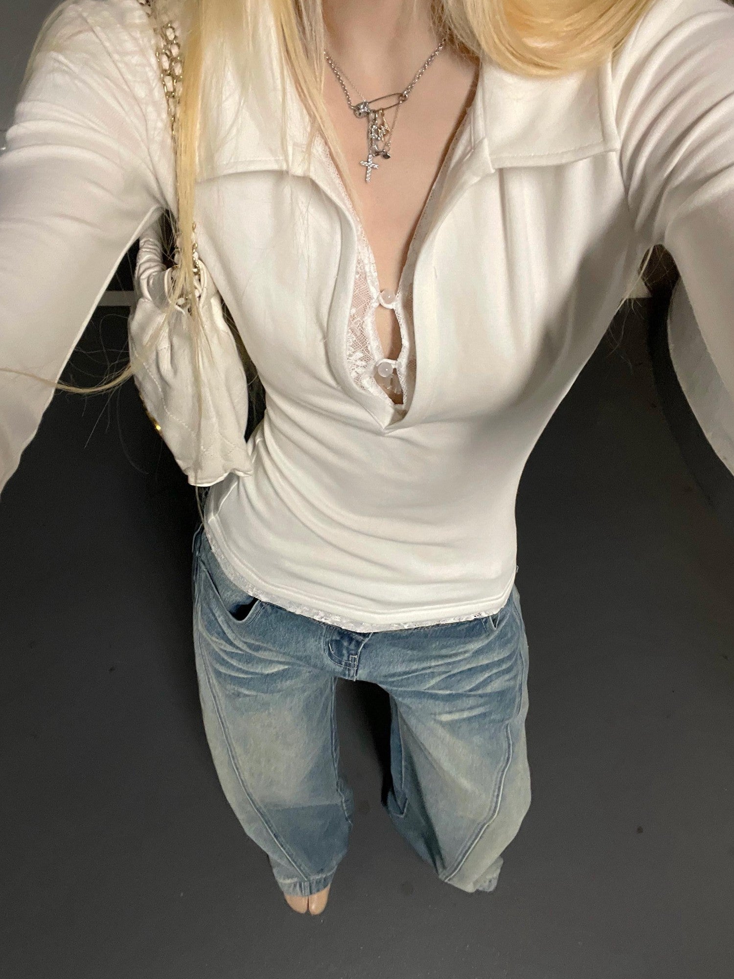 Rase le sol Faux Two Piece Lace Panel Slim Fit Women's Long Sleeve T-shirts
