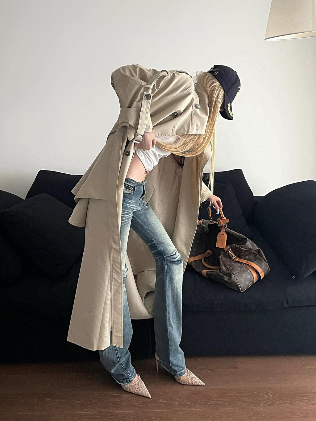 Rase le sol Flared Hem Longline Loose Fit Women's Cotton Blend Trench Coats