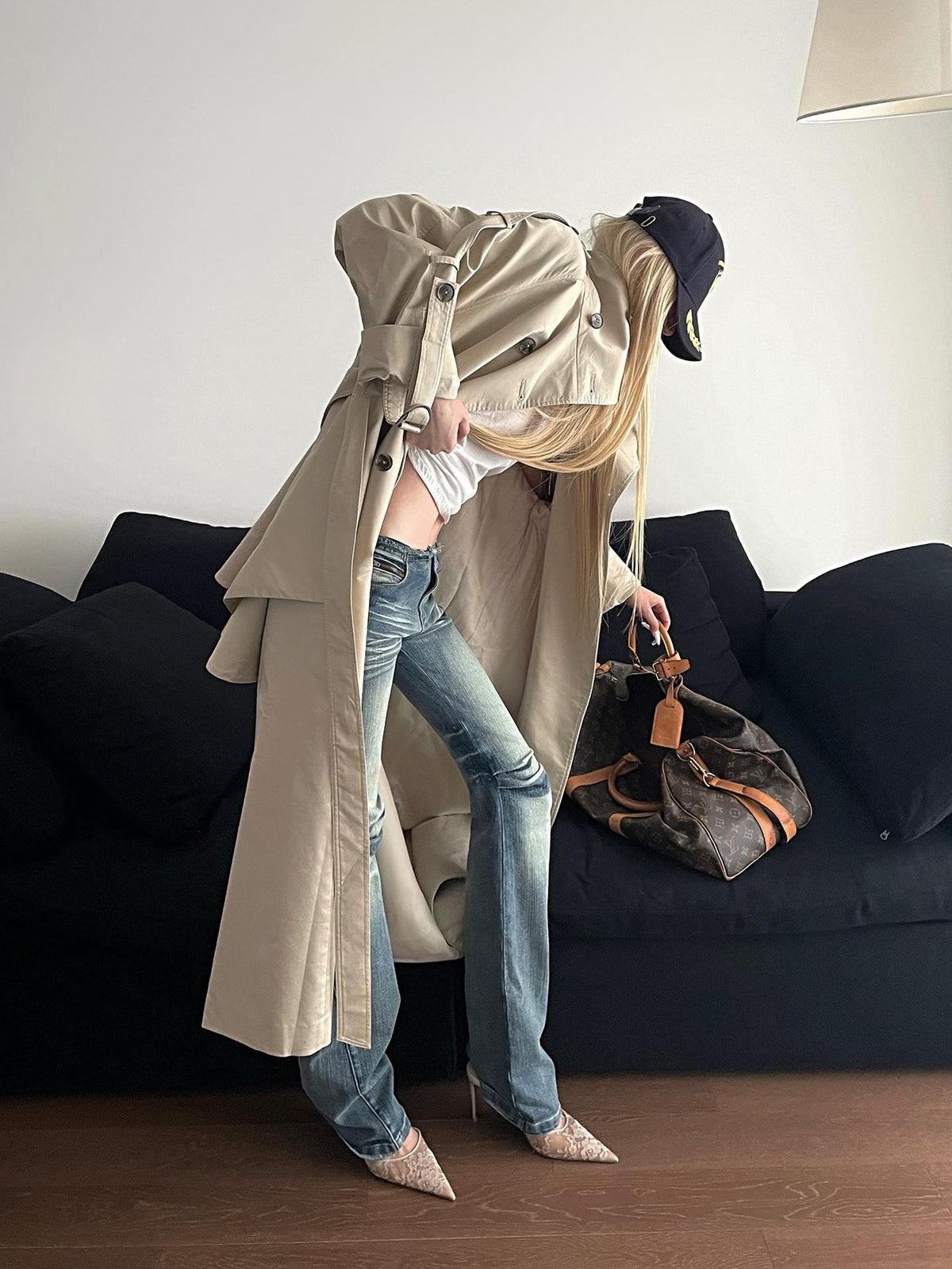 Rase le sol Flared Hem Longline Loose Fit Women's Cotton Blend Trench Coats
