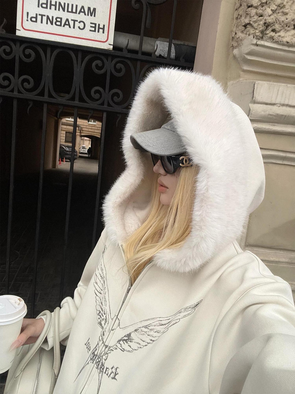Rase le sol Fleeting Birds Print Fur Collar Women's Fleece Lined Zip-up Hoodies