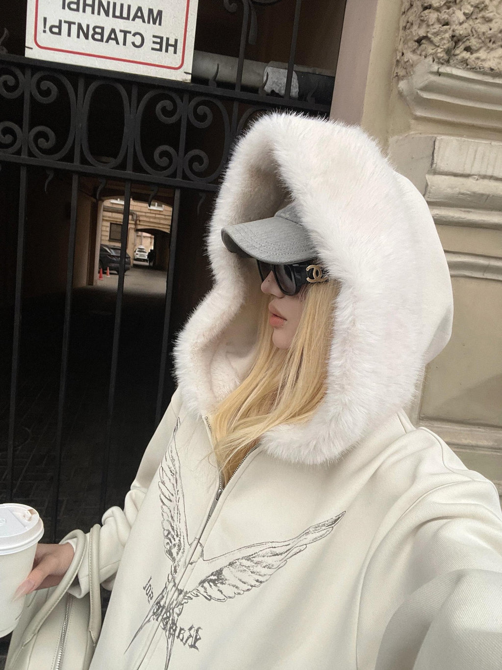 Rase le sol Fleeting Birds Print Fur Collar Women's Fleece Lined Zip-up Hoodies