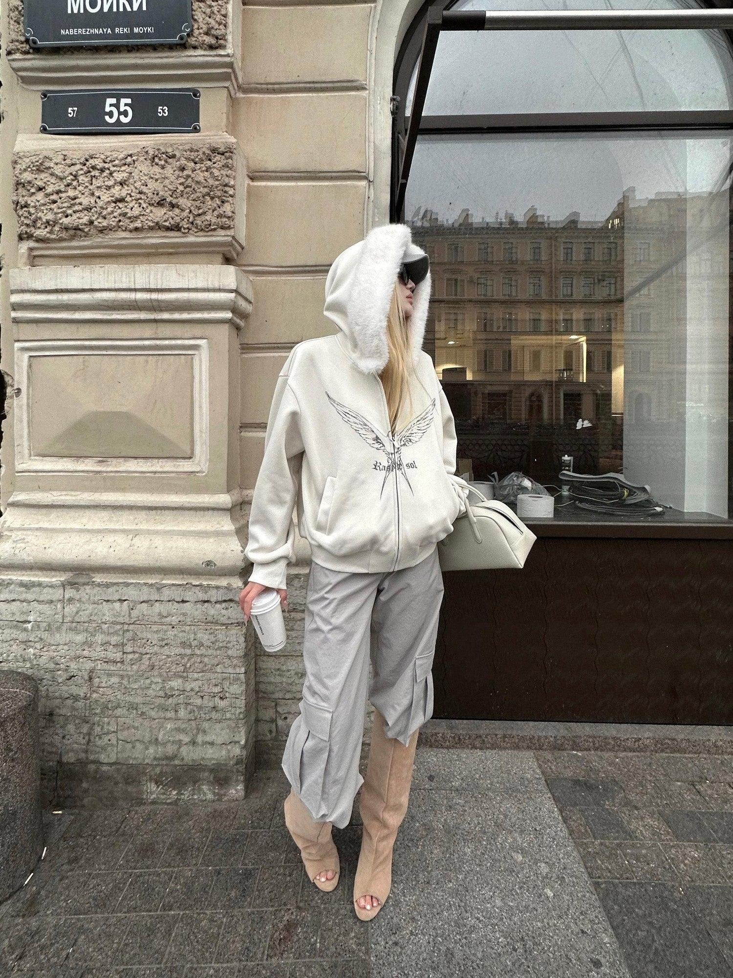 Rase le sol Fleeting Birds Print Fur Collar Women's Fleece Lined Zip-up Hoodies