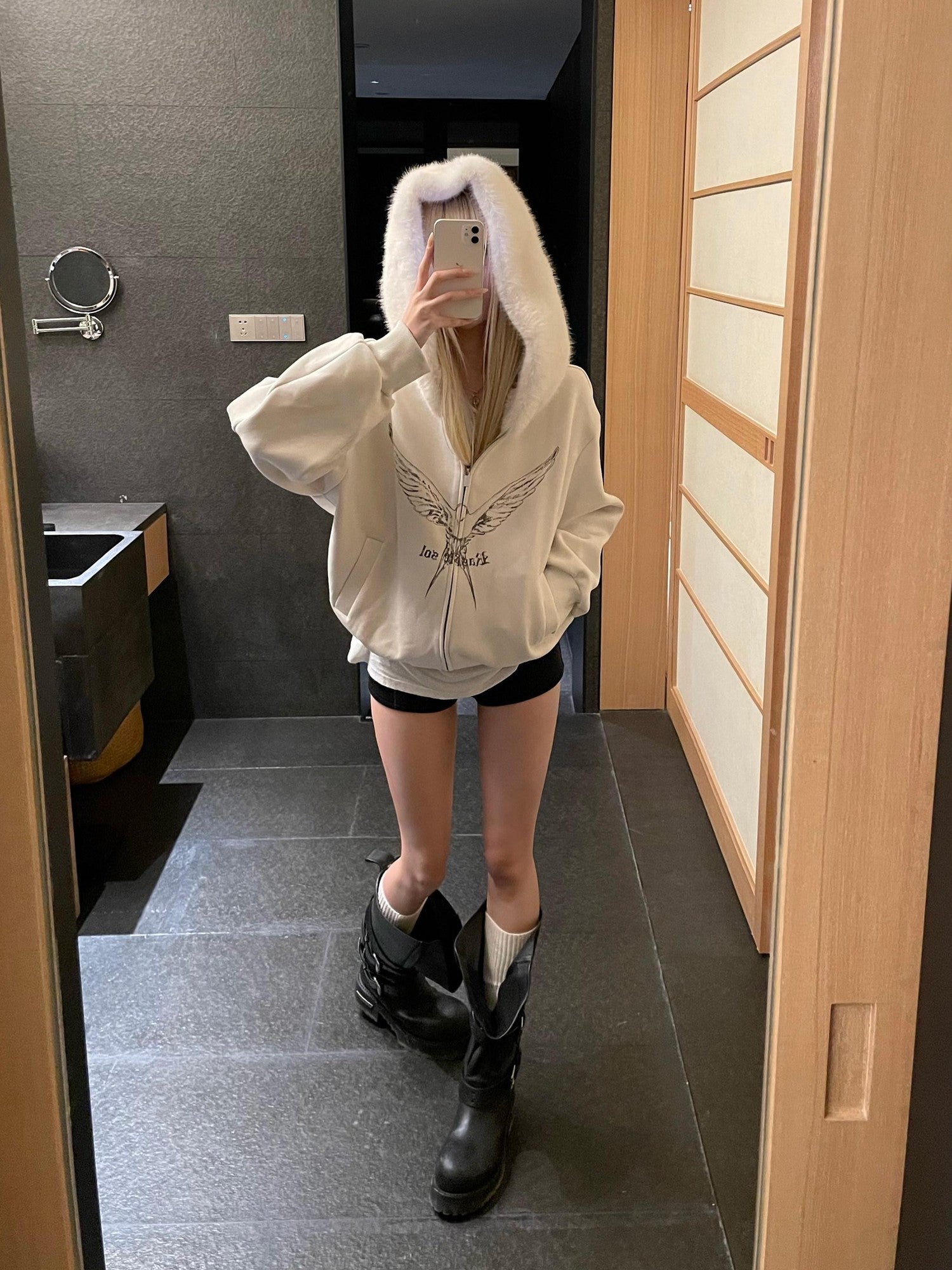 Rase le sol Fleeting Birds Print Fur Collar Women's Fleece Lined Zip-up Hoodies