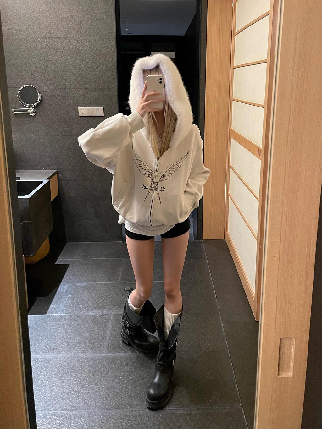 Rase le sol Fleeting Birds Print Fur Collar Women's Fleece Lined Zip-up Hoodies