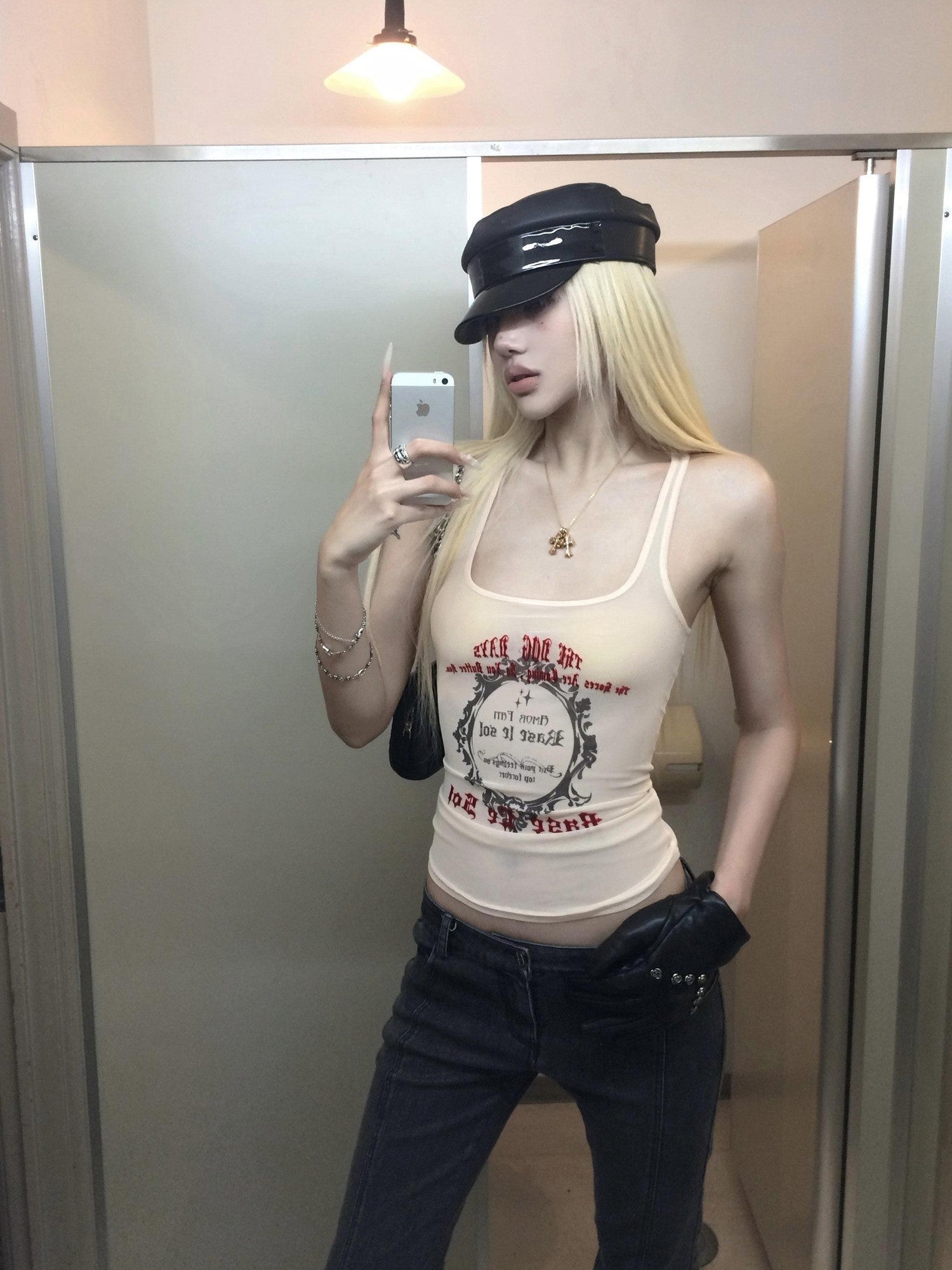Rase le sol Flocked Letter Print Spaghetti Strap Sheer Women's Mesh Tank Tops