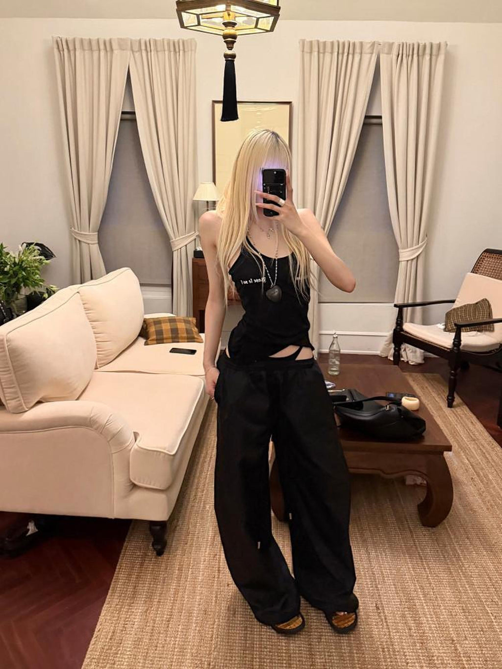 Rase le sol Floor Length Faux Two Piece Low Rise Loose Women's Wide-leg Pants