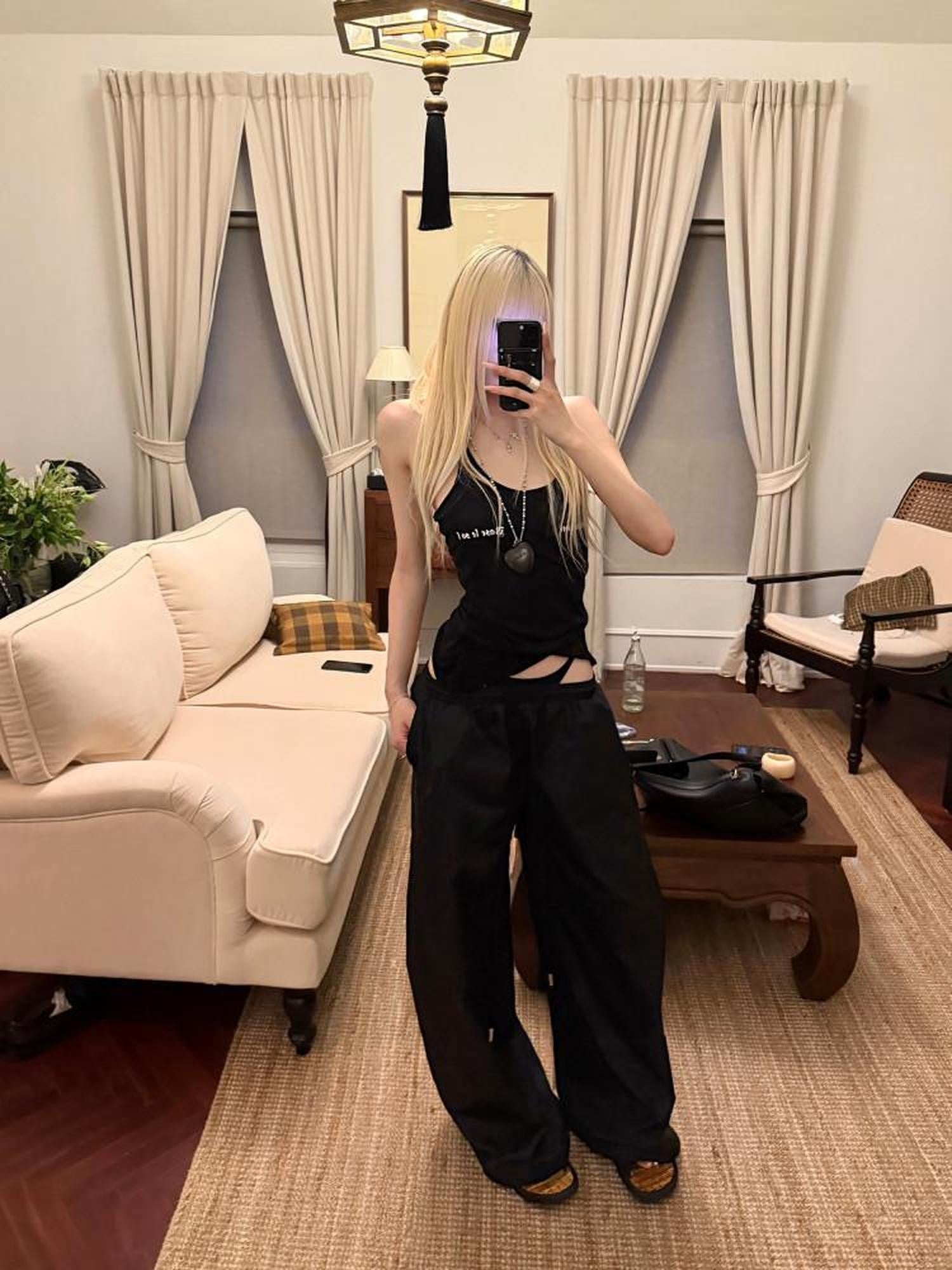 Rase le sol Floor Length Faux Two Piece Low Rise Loose Women's Wide-leg Pants