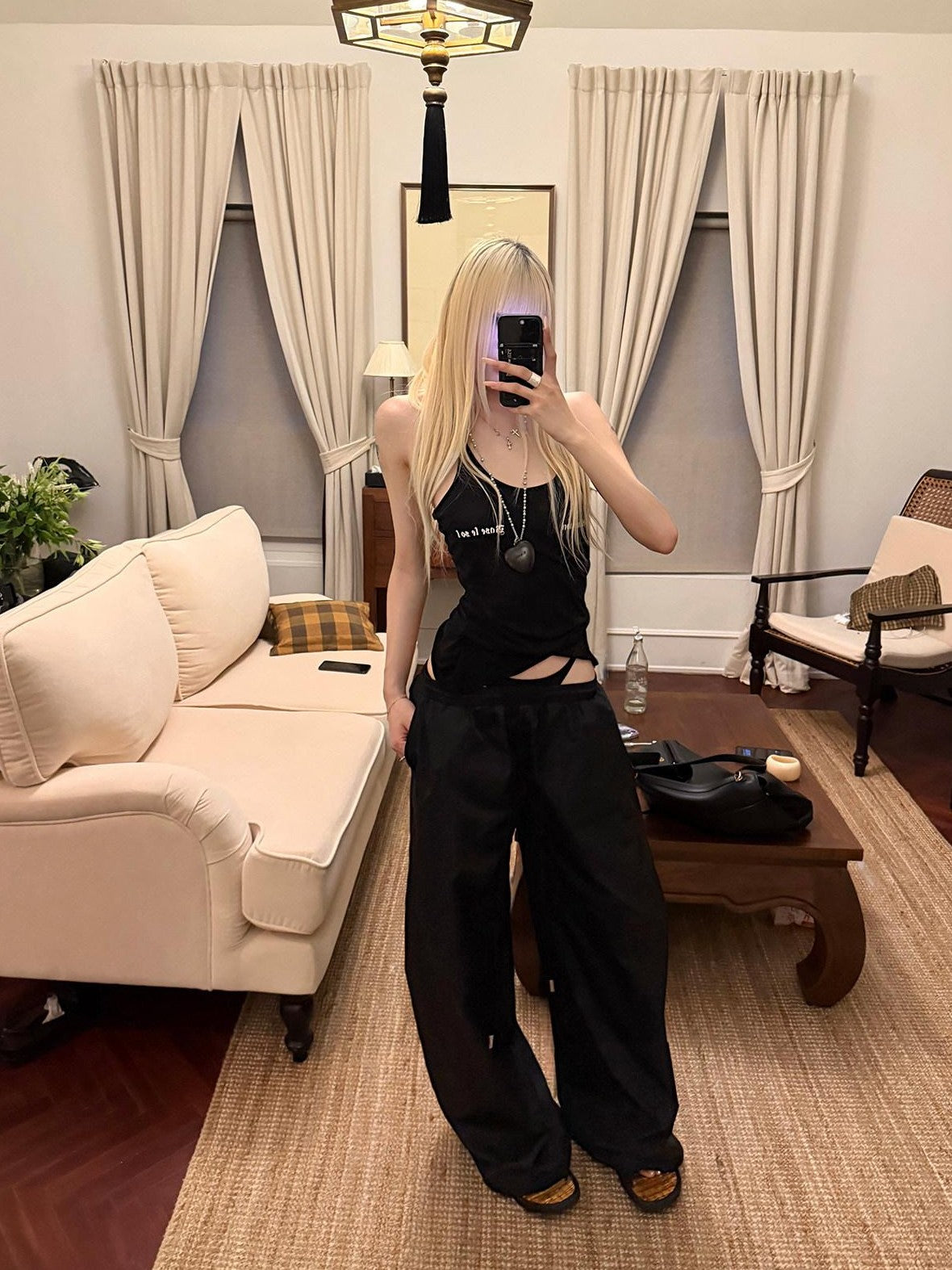 Rase le sol Floor Length Faux Two Piece Low Rise Loose Women's Wide-leg Pants