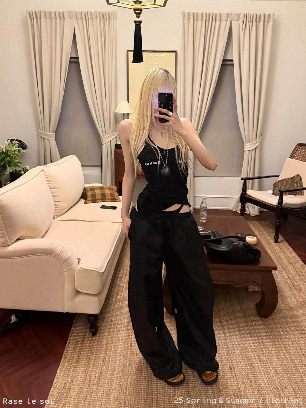 Rase le sol Floor Length Faux Two Piece Low Rise Loose Women's Wide-leg Pants