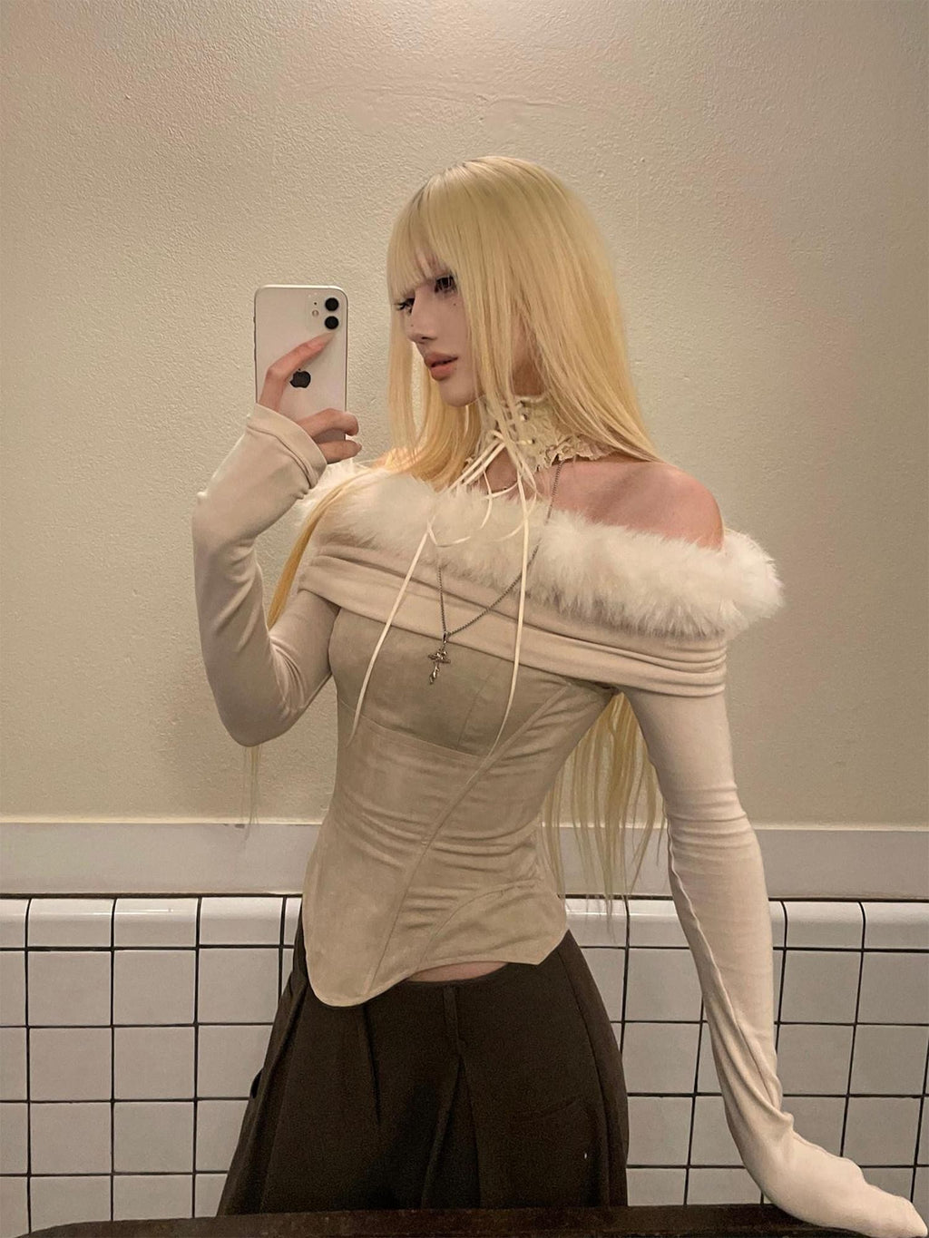 Rase le sol Fur Collar Off Shoulder Slim Waist Women's Long Sleeve T-shirts