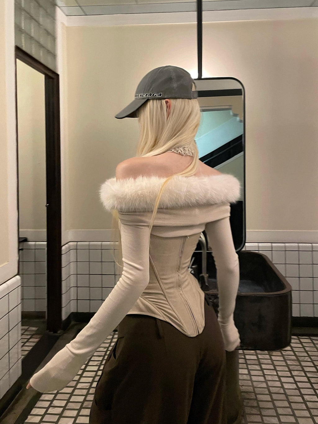 Rase le sol Fur Collar Off Shoulder Slim Waist Women's Long Sleeve T-shirts