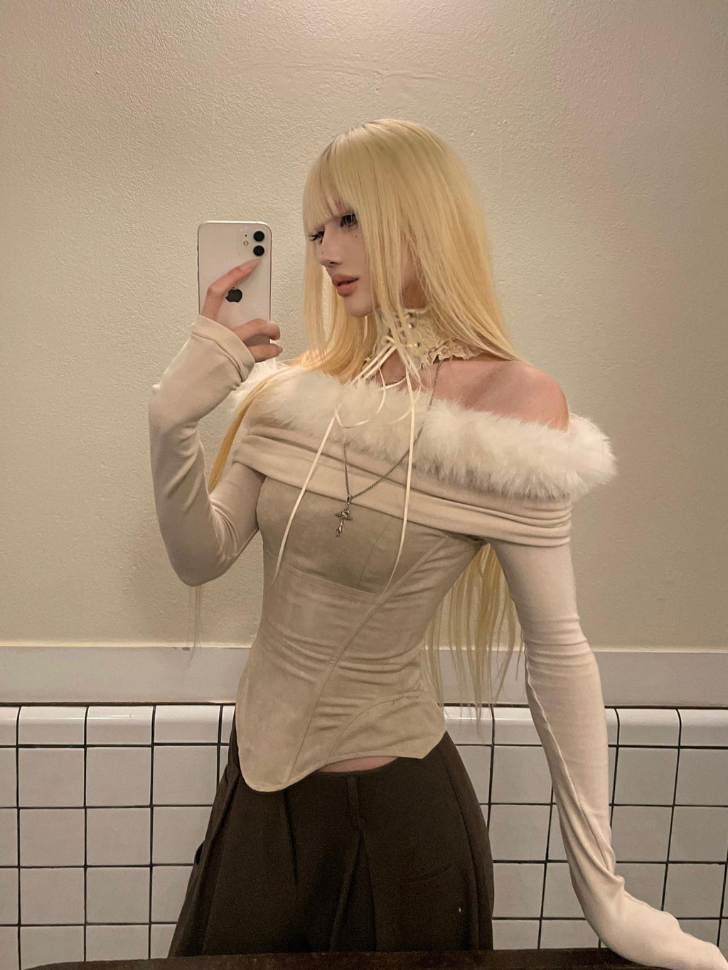 Rase le sol Fur Collar Off Shoulder Slim Waist Women's Long Sleeve T-shirts