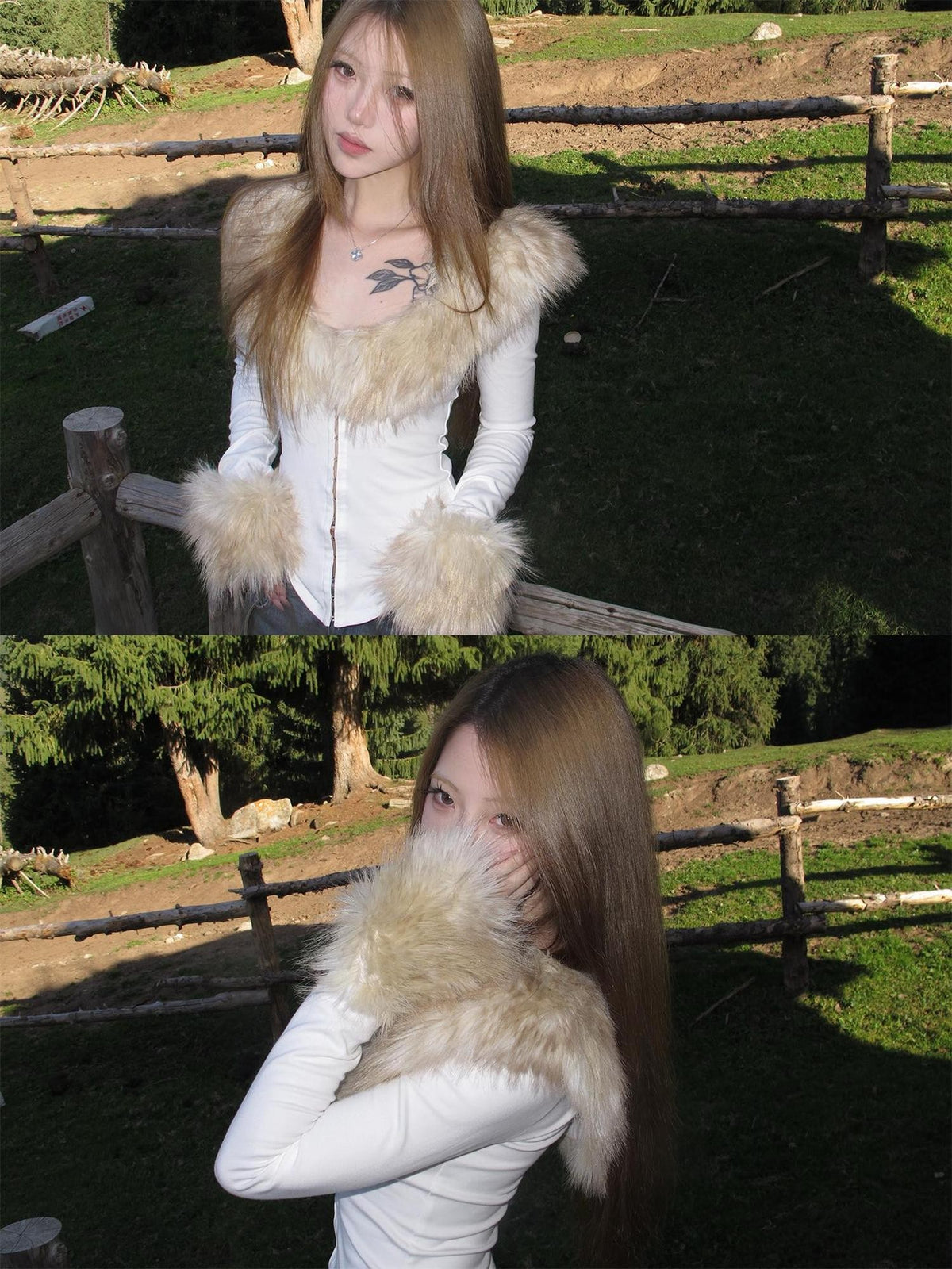 Rase le sol Fur Trim Spliced Knit Slim Fit Women's Viscose Long Sleeve T-shirts
