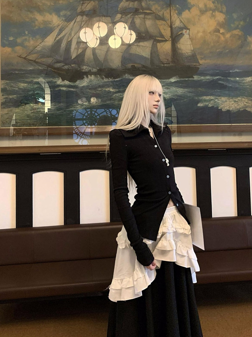 Rase le sol Gothic Doll Black Slim Waist Cinched Cropped Women's Knit Cardigans