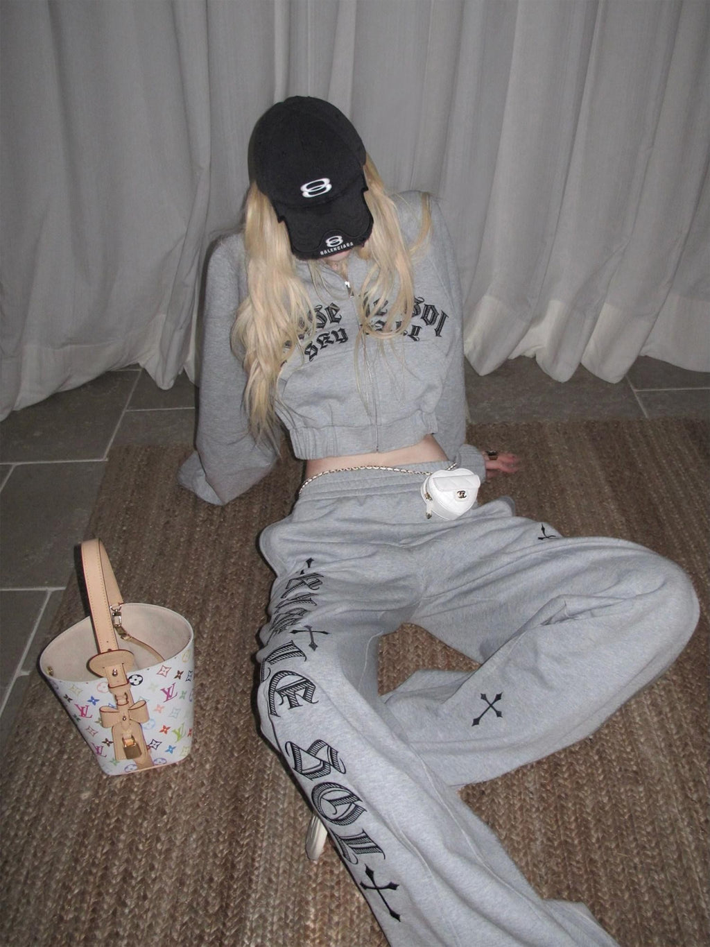 Rase le sol Gray American Cross Oath Graphic Cropped Hooded Wide Leg Women's Tracksuit Sets