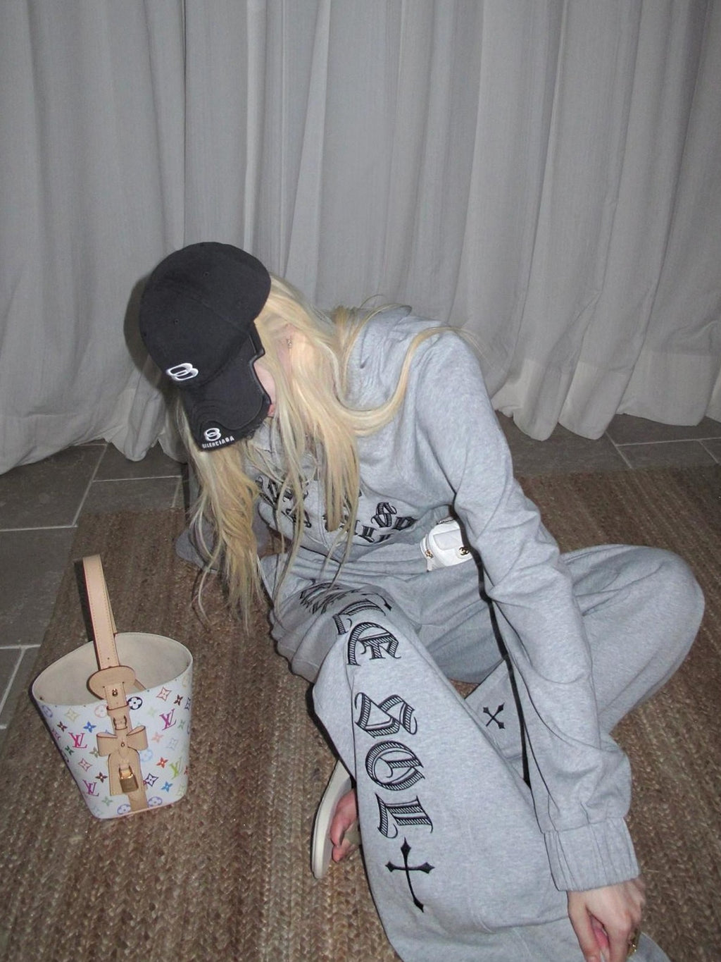 Rase le sol Gray American Cross Oath Graphic Cropped Hooded Wide Leg Women's Tracksuit Sets